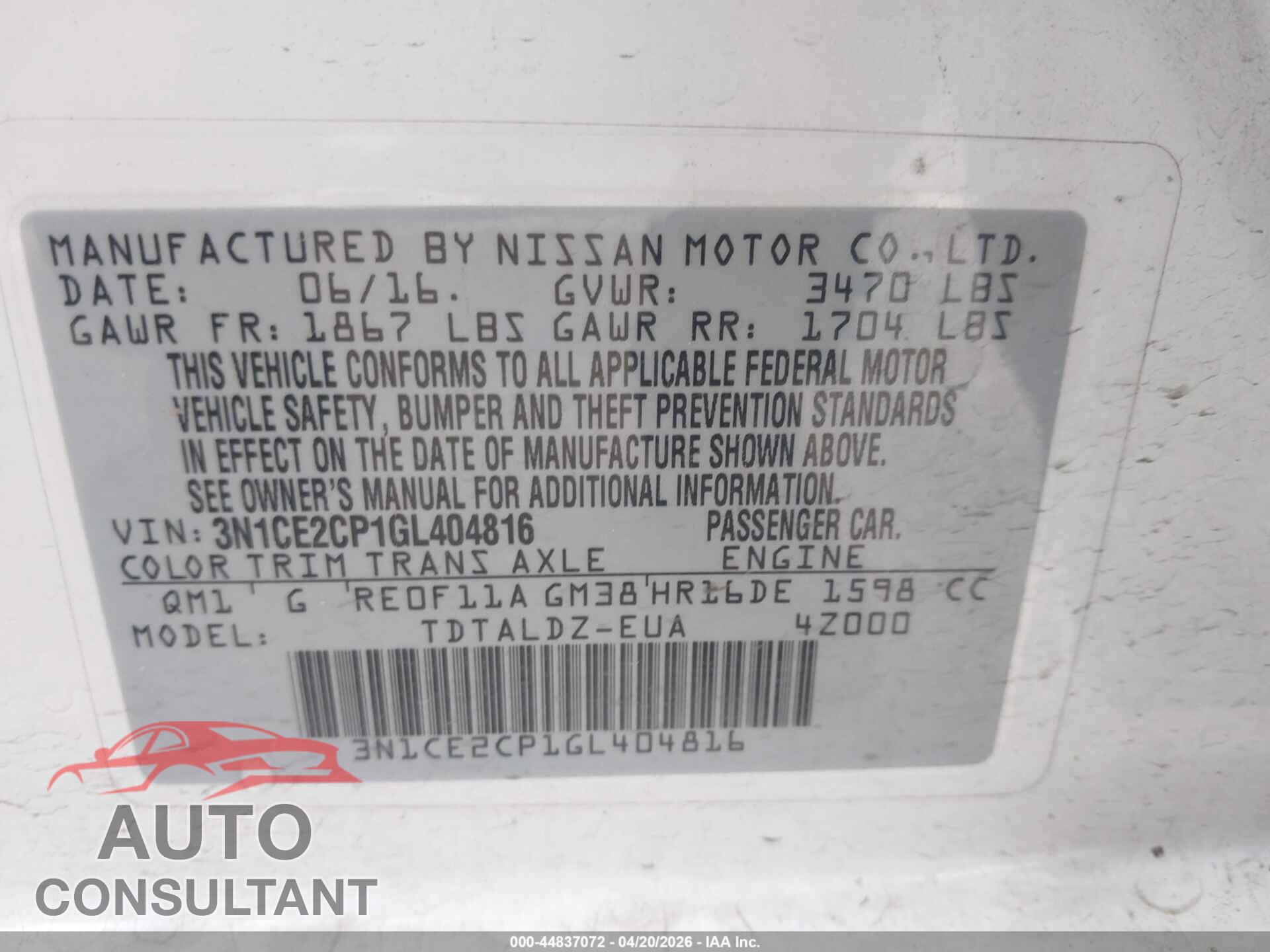 NISSAN VERSA NOTE 2016 - 3N1CE2CP1GL404816