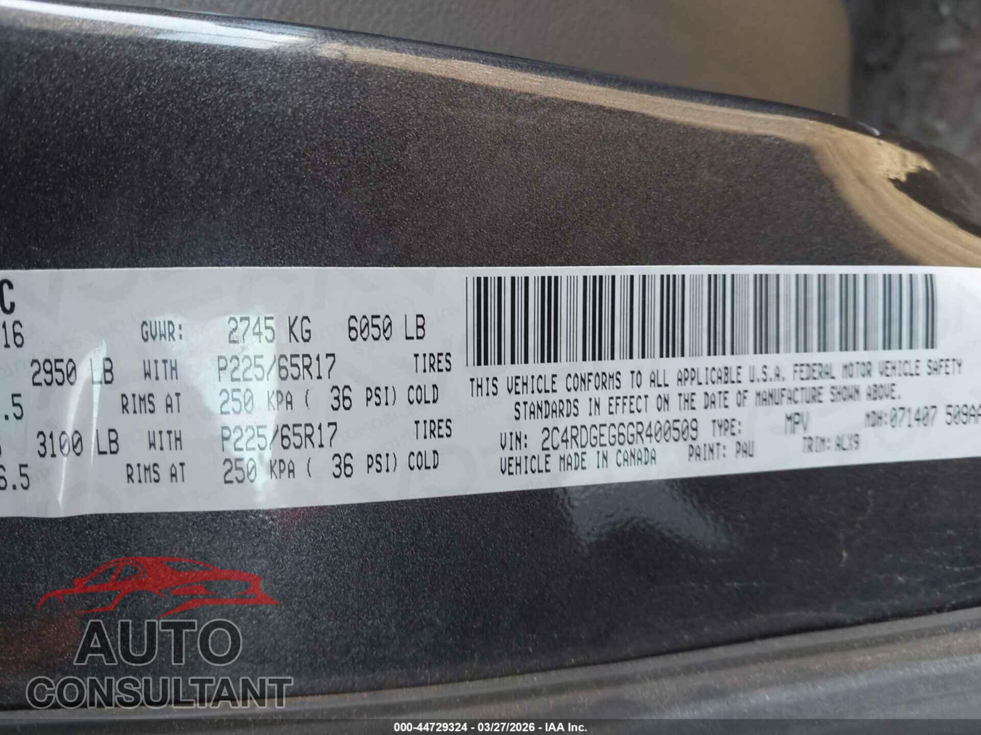 DODGE GRAND CARAVAN 2016 - 2C4RDGEG6GR400509