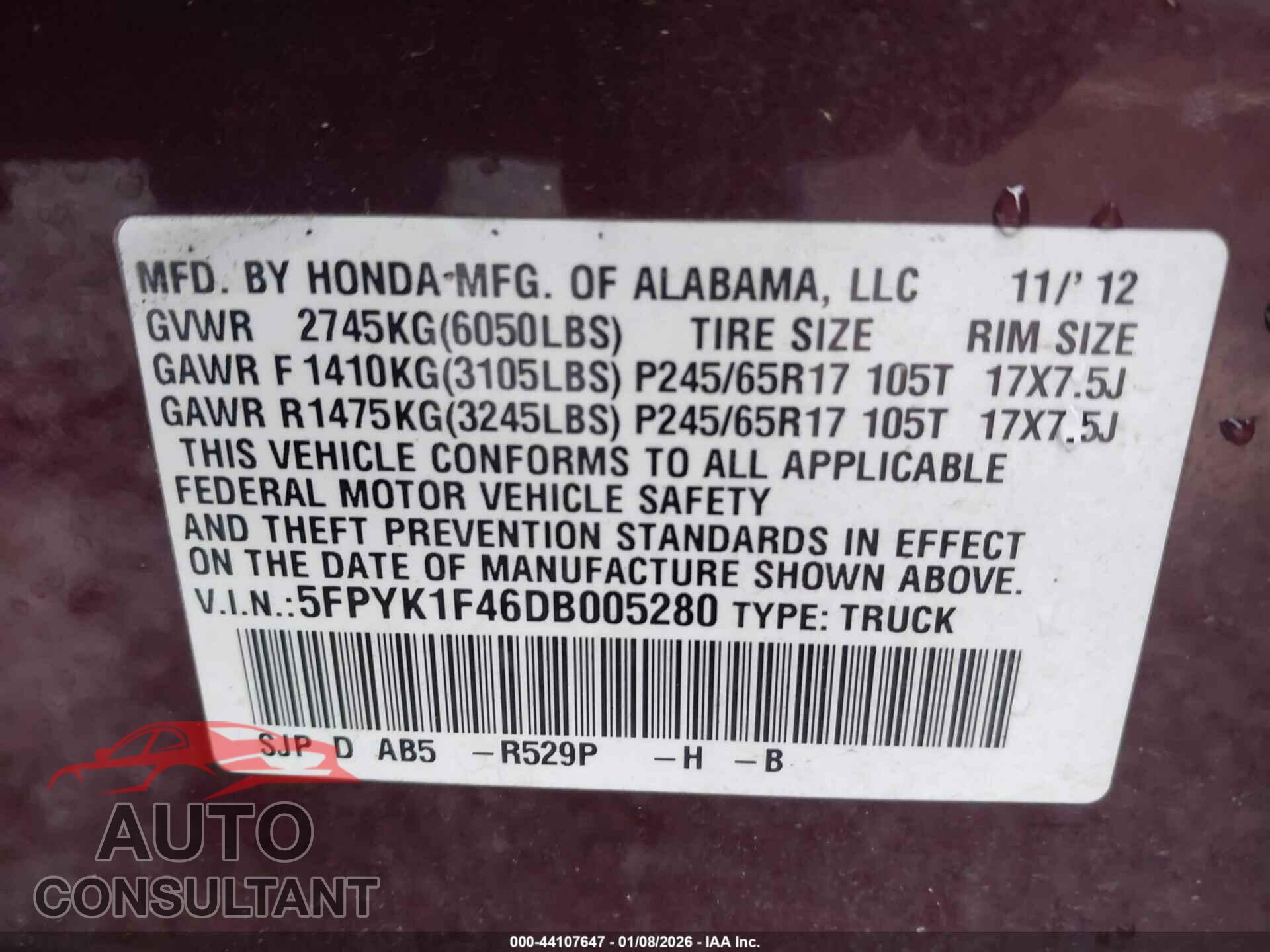 HONDA RIDGELINE 2013 - 5FPYK1F46DB005280