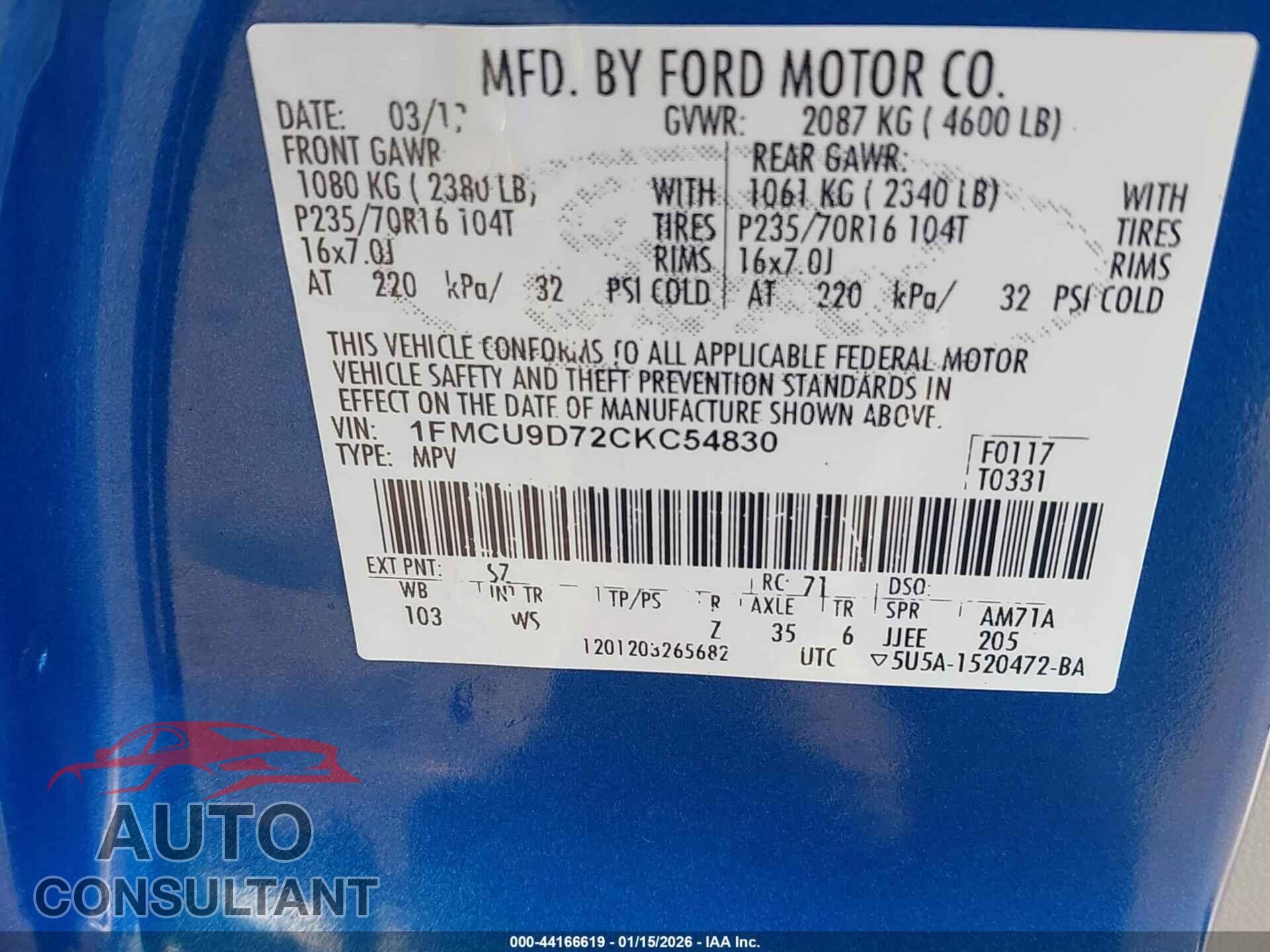 FORD ESCAPE 2012 - 1FMCU9D72CKC54830