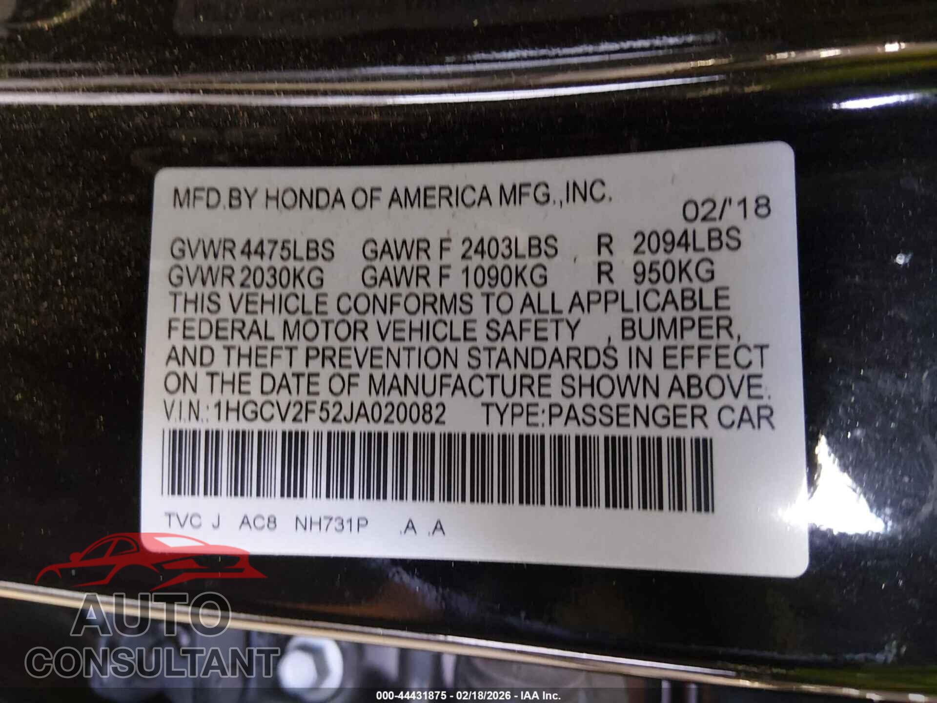 HONDA ACCORD 2018 - 1HGCV2F52JA020082
