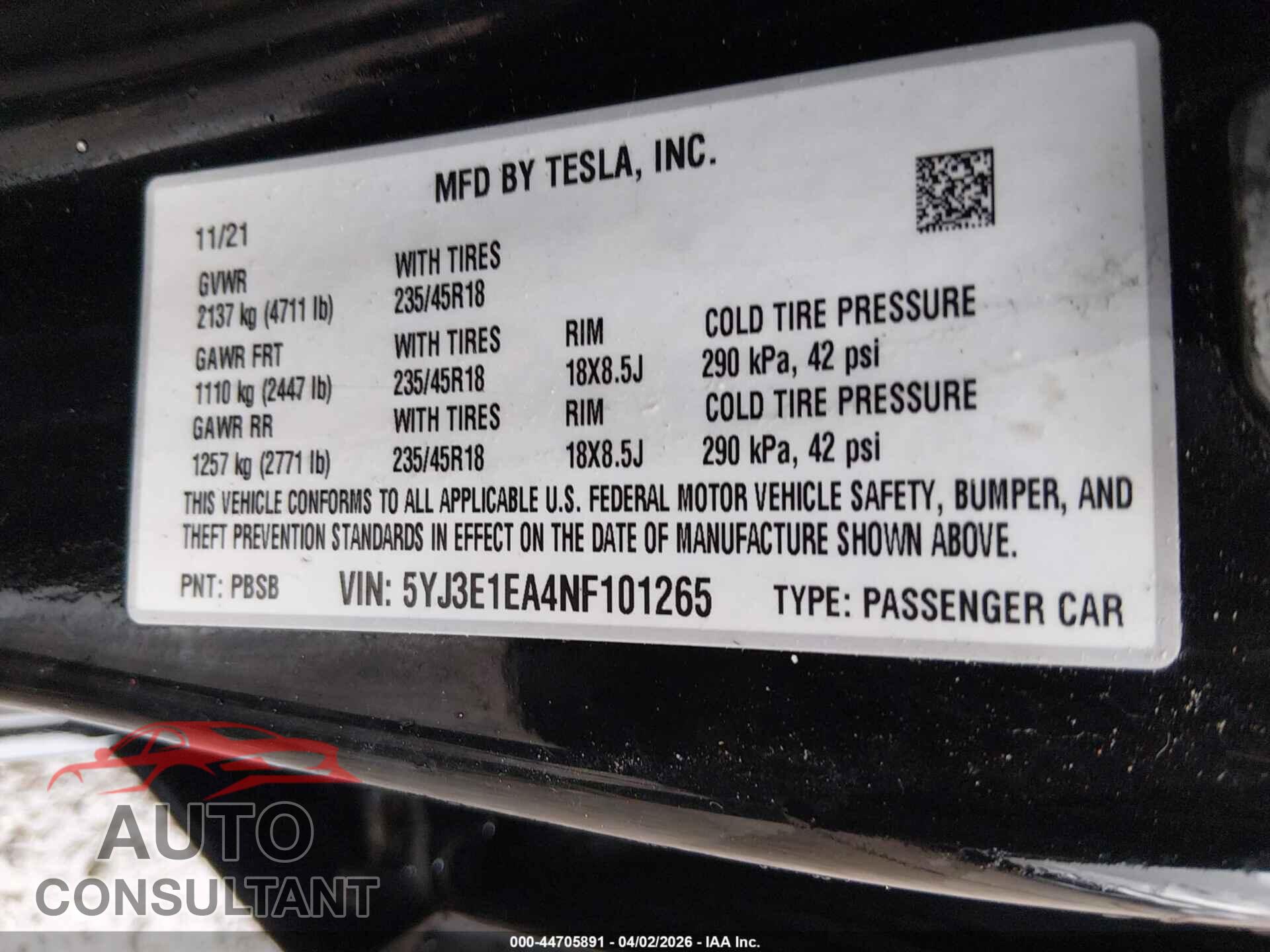 TESLA MODEL 3 2022 - 5YJ3E1EA4NF101265