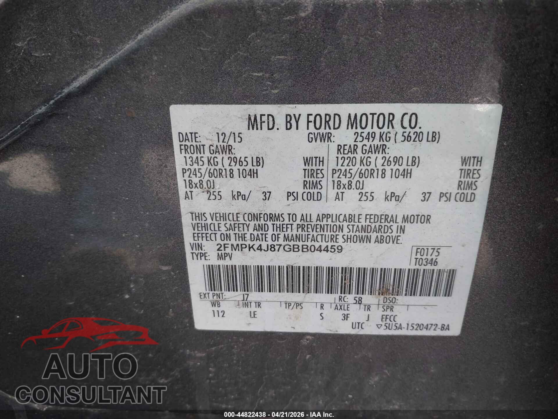 FORD EDGE 2016 - 2FMPK4J87GBB04459