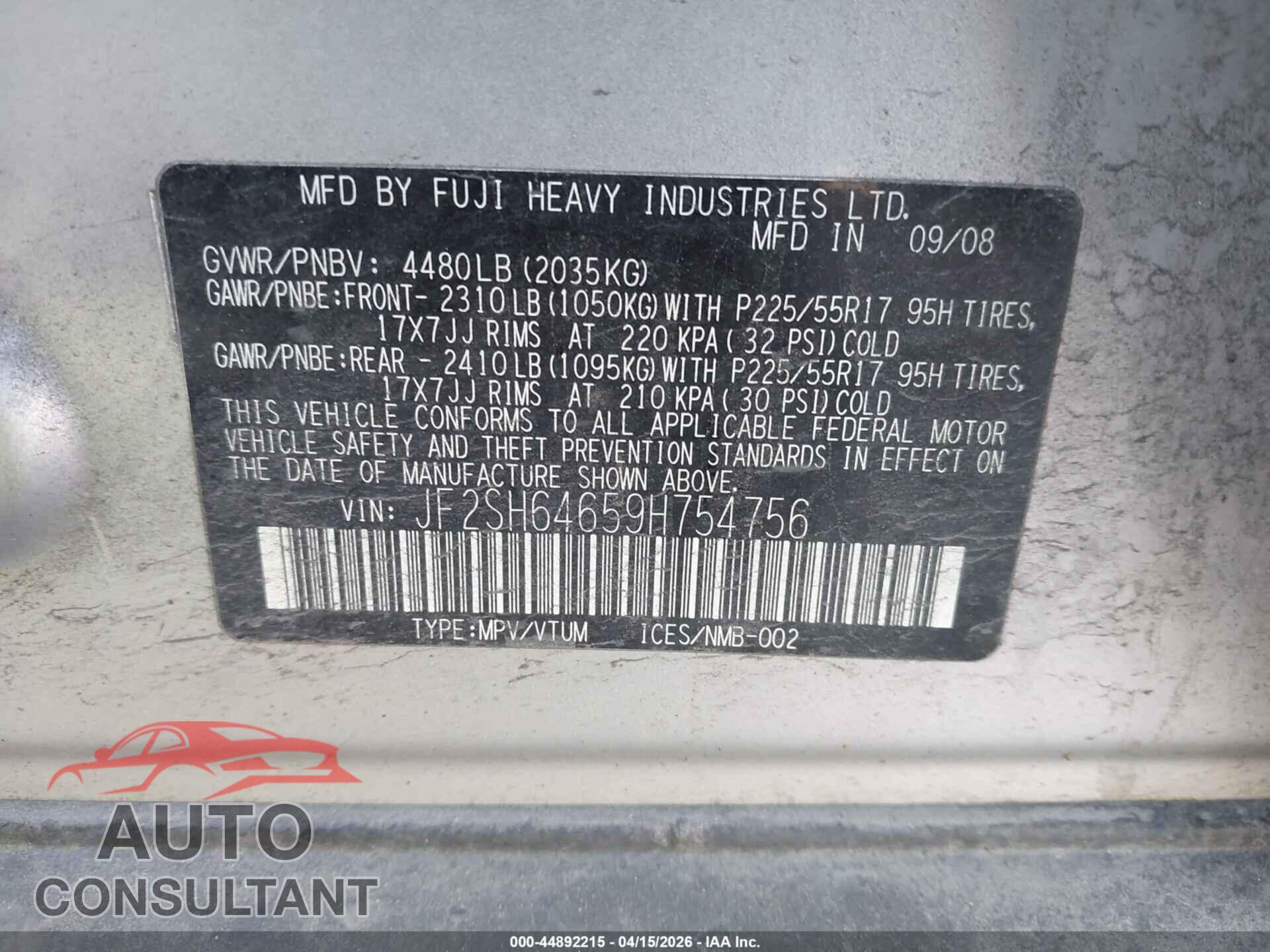 SUBARU FORESTER 2009 - JF2SH64659H754756