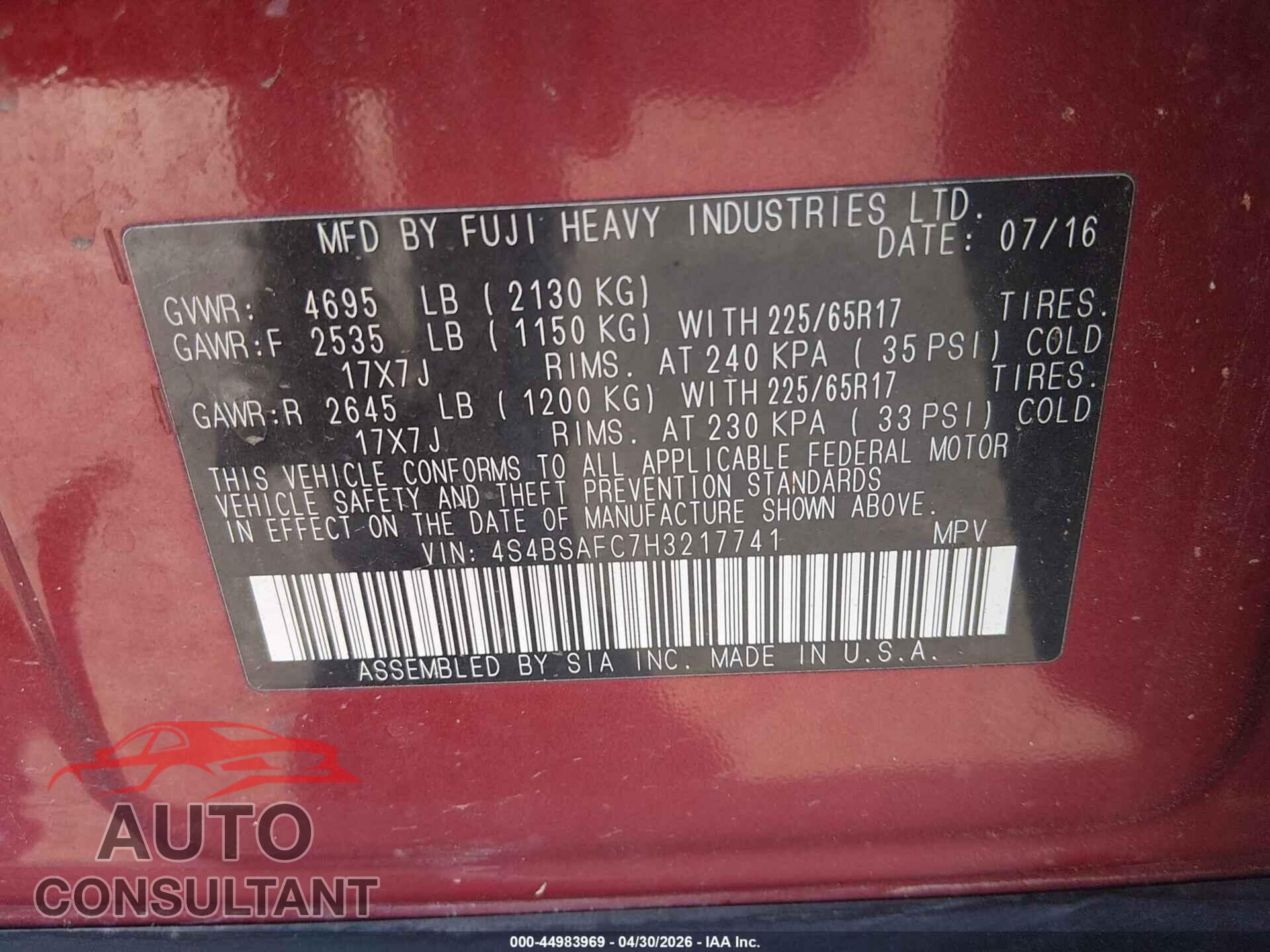 SUBARU OUTBACK 2017 - 4S4BSAFC7H3217741