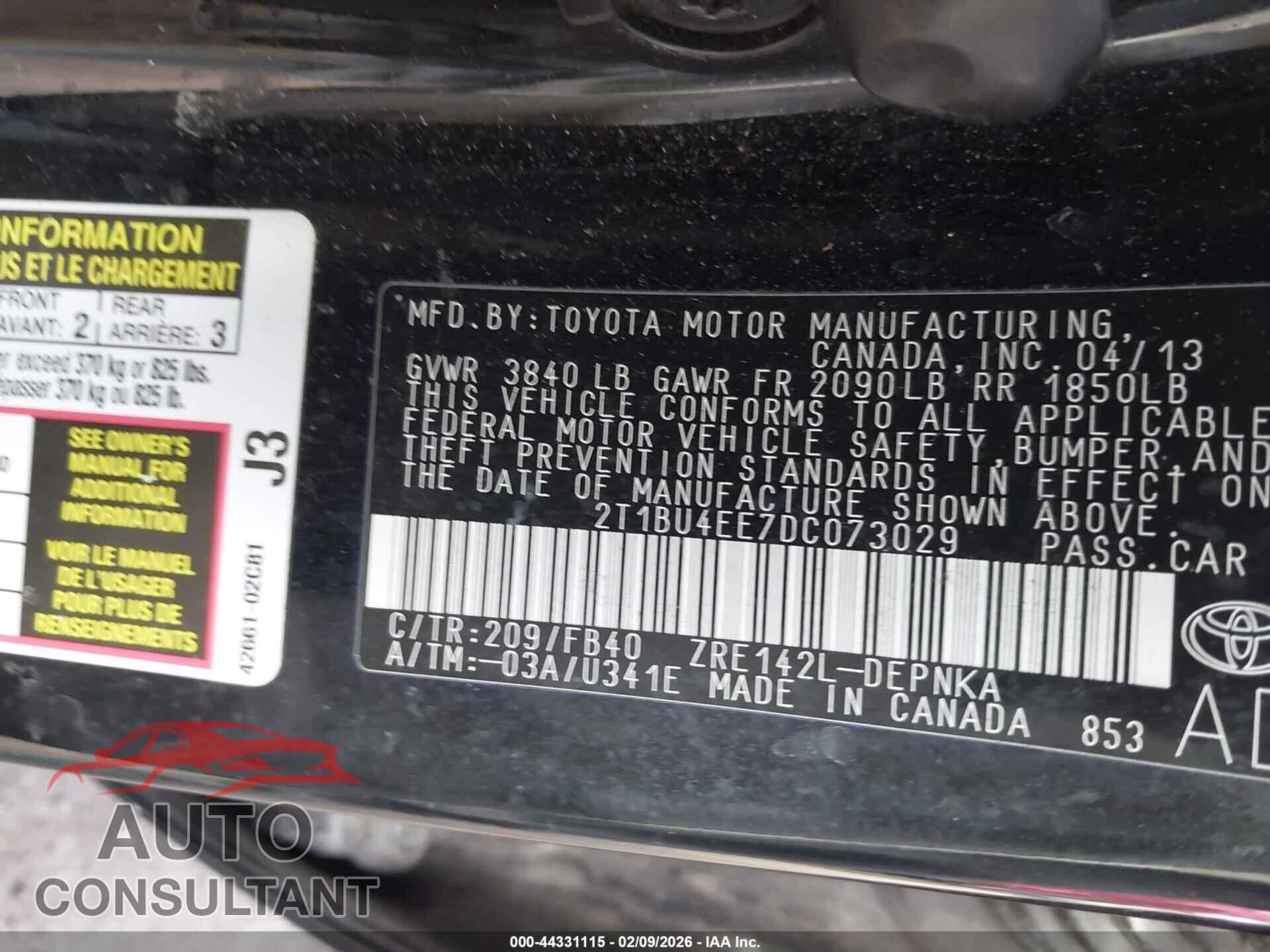 TOYOTA COROLLA 2013 - 2T1BU4EE7DC073029