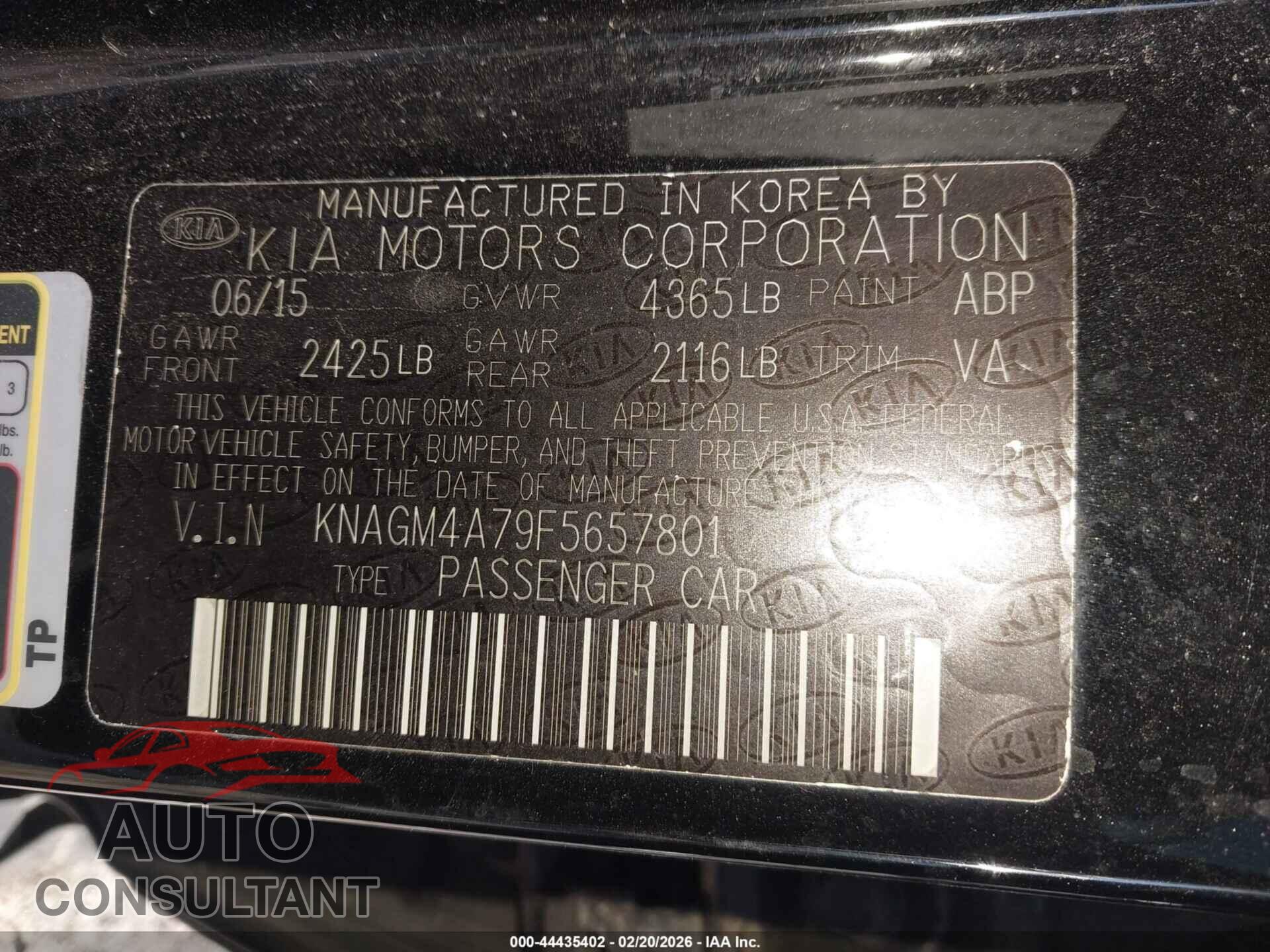 KIA OPTIMA 2015 - KNAGM4A79F5657801
