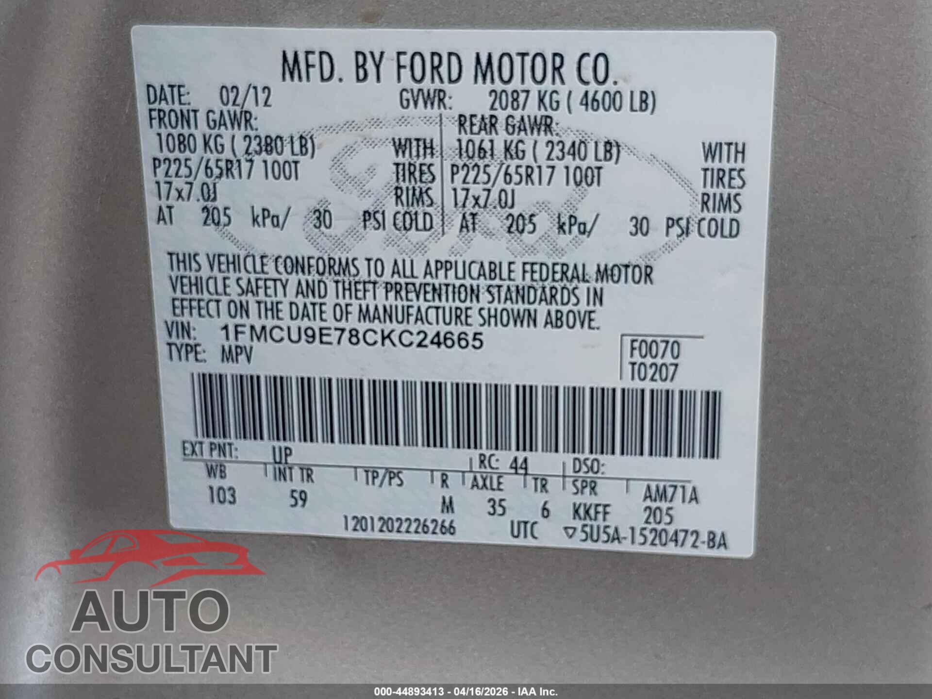 FORD ESCAPE 2012 - 1FMCU9E78CKC24665
