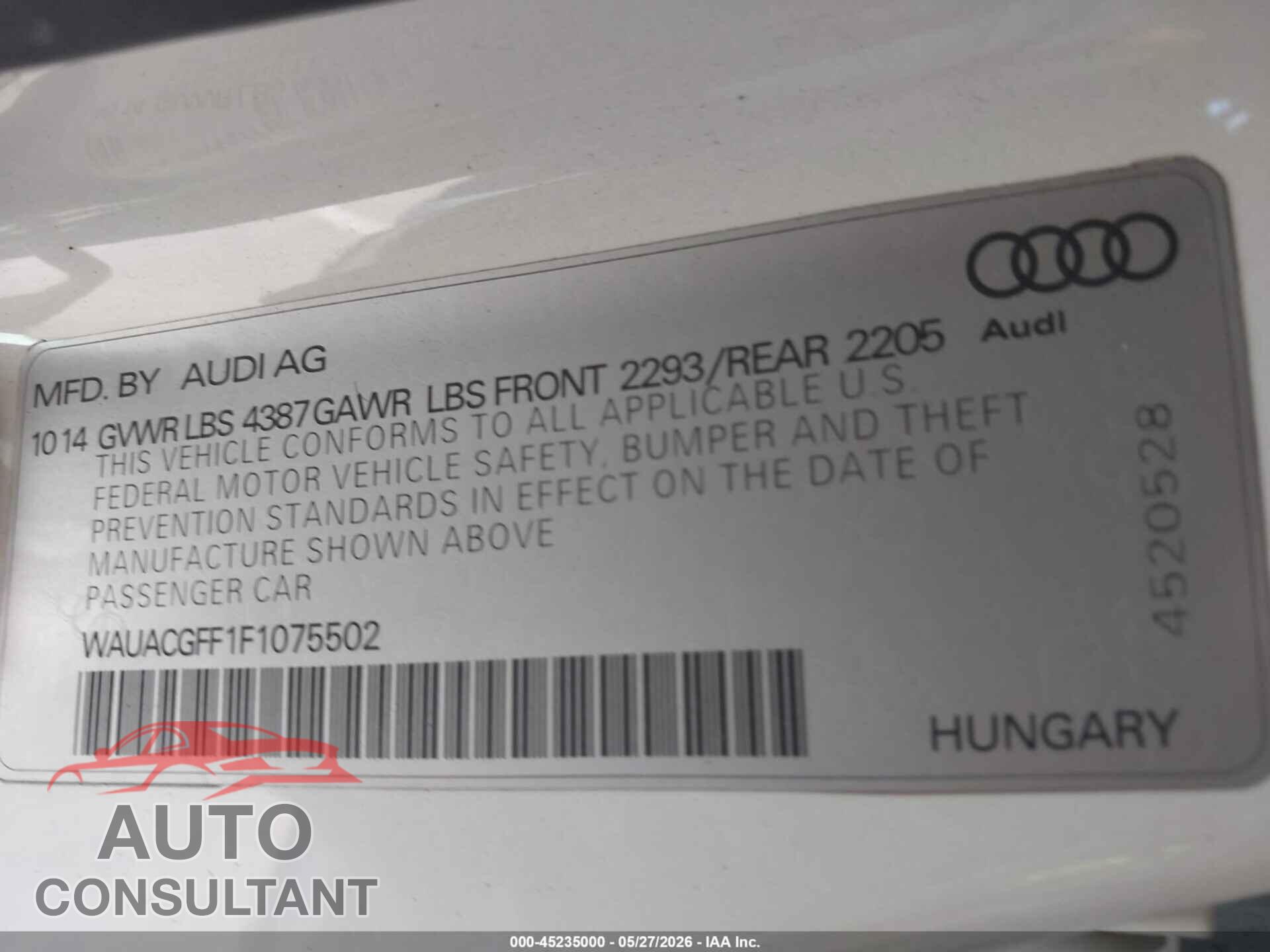 AUDI A3 2015 - WAUACGFF1F1075502