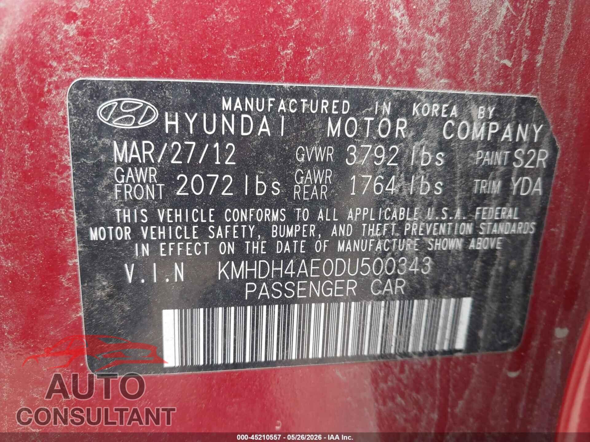 HYUNDAI ELANTRA 2013 - KMHDH4AE0DU500343