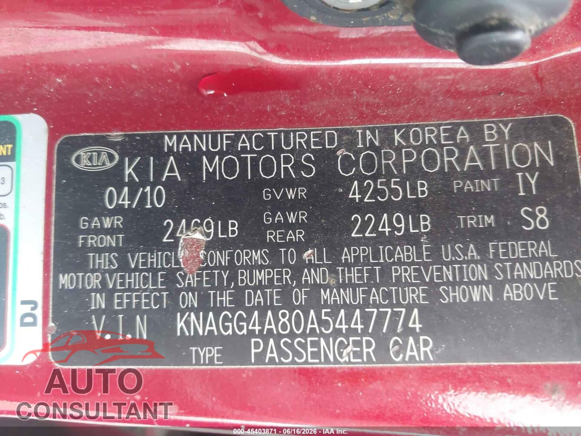 KIA OPTIMA 2010 - KNAGG4A80A5447774