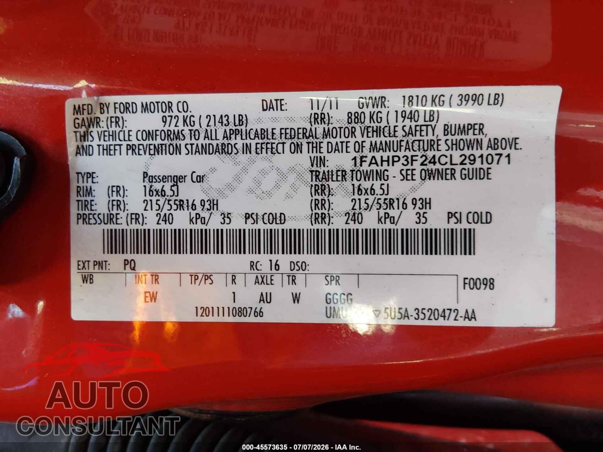 FORD FOCUS 2012 - 1FAHP3F24CL291071