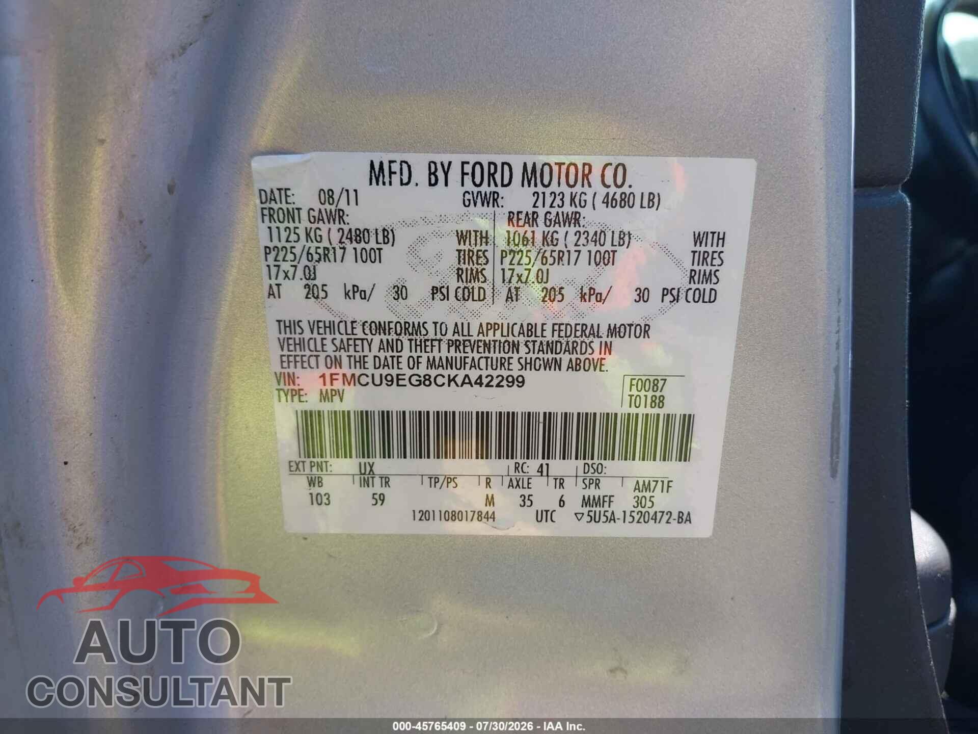 FORD ESCAPE 2012 - 1FMCU9EG8CKA42299