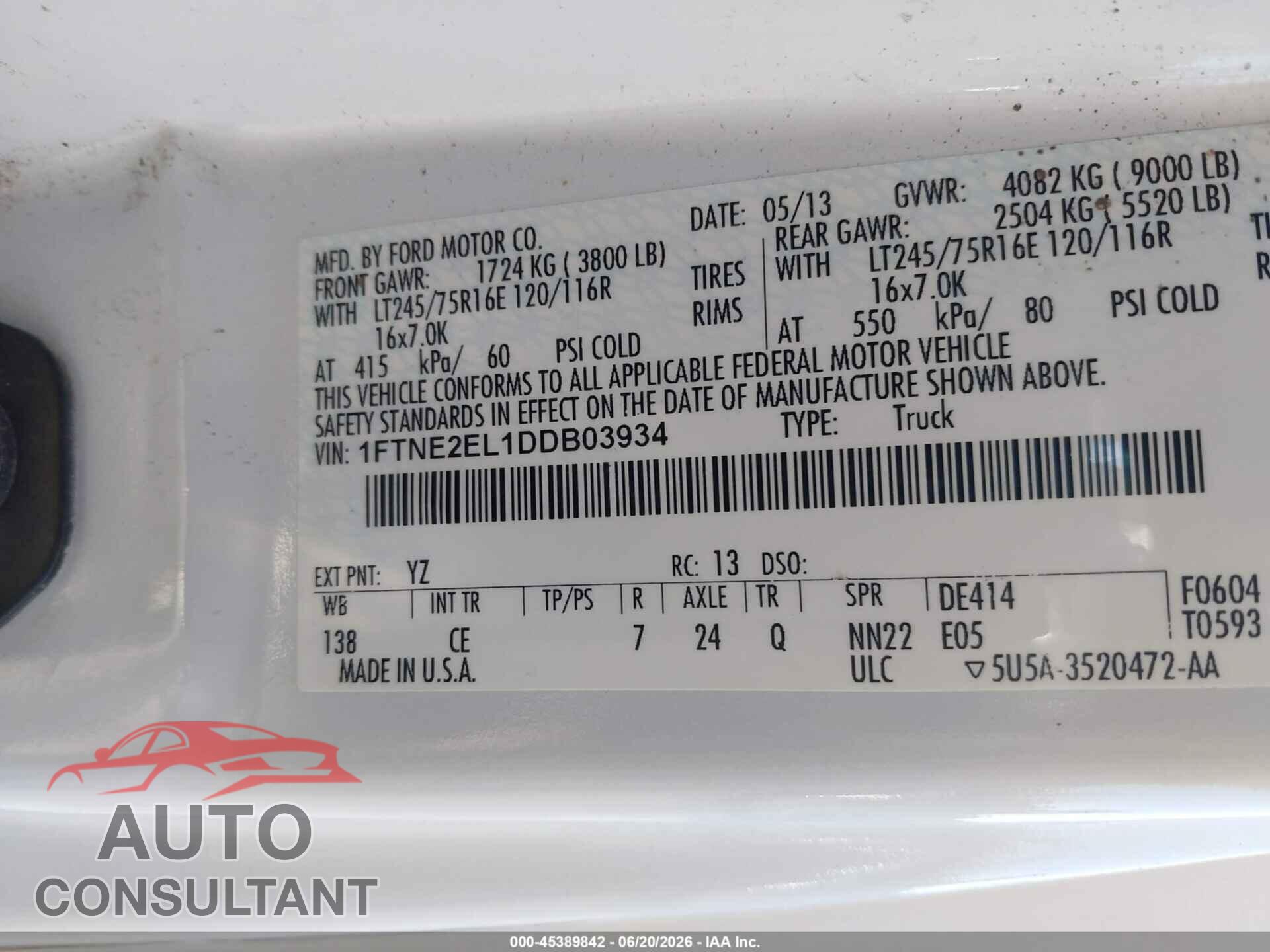FORD E-250 2013 - 1FTNE2EL1DDB03934