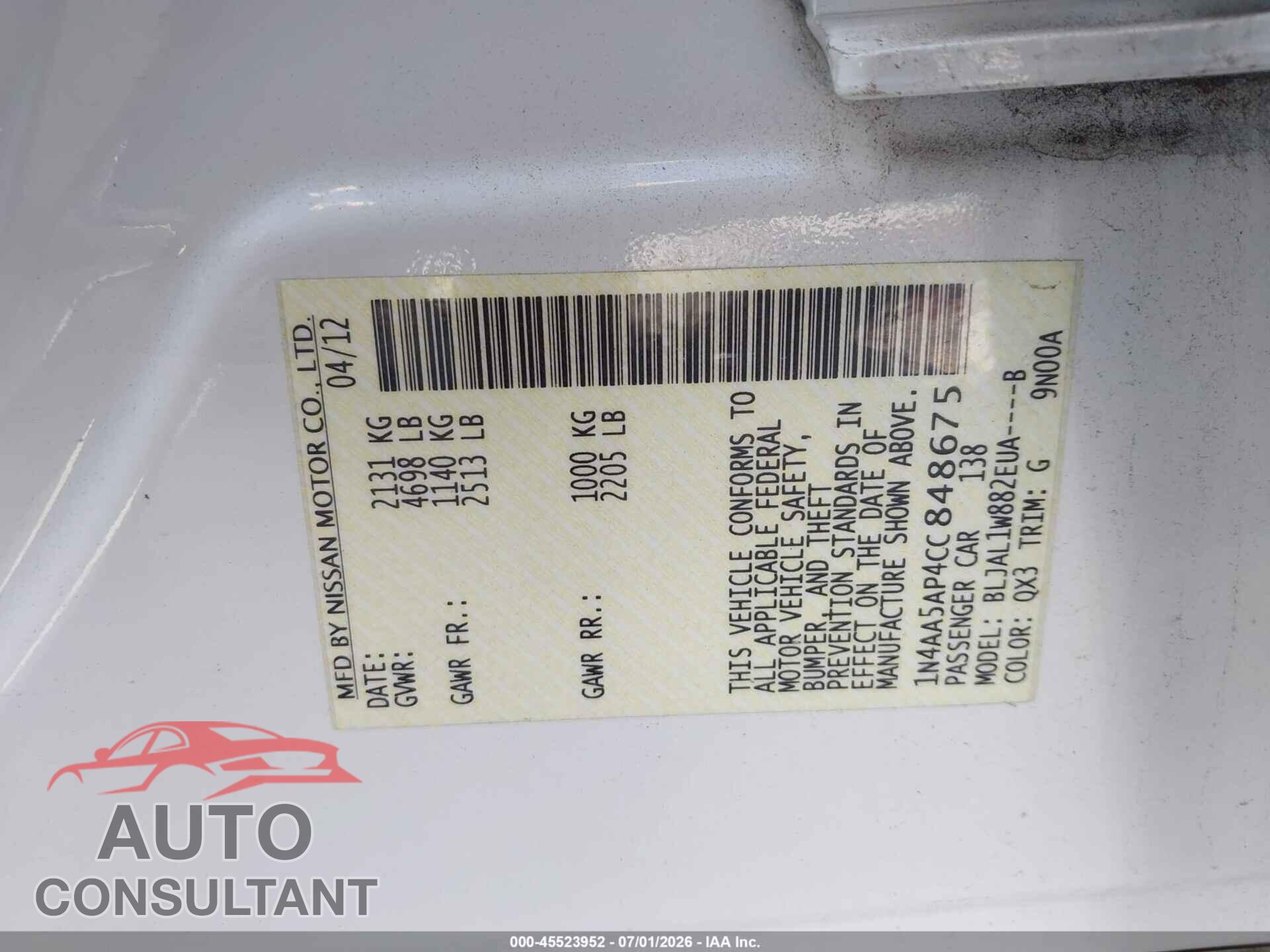 NISSAN MAXIMA 2012 - 1N4AA5AP4CC848675