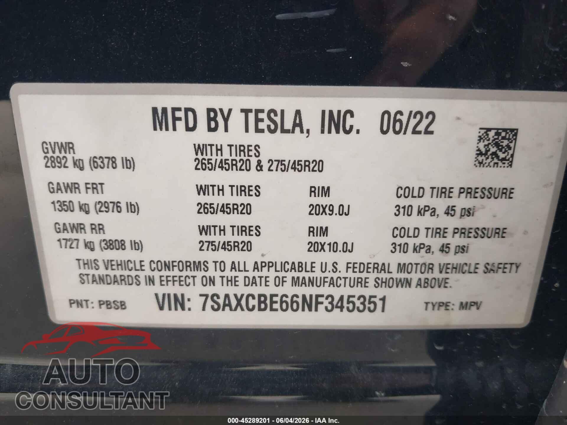 TESLA MODEL X 2022 - 7SAXCBE66NF345351