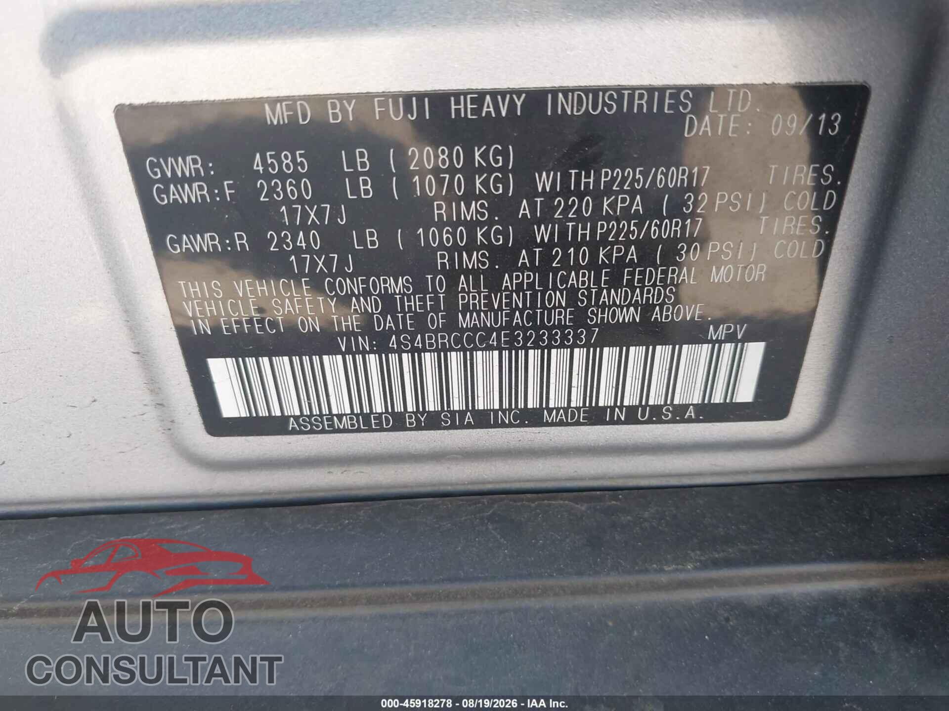SUBARU OUTBACK 2014 - 4S4BRCCC4E3233337