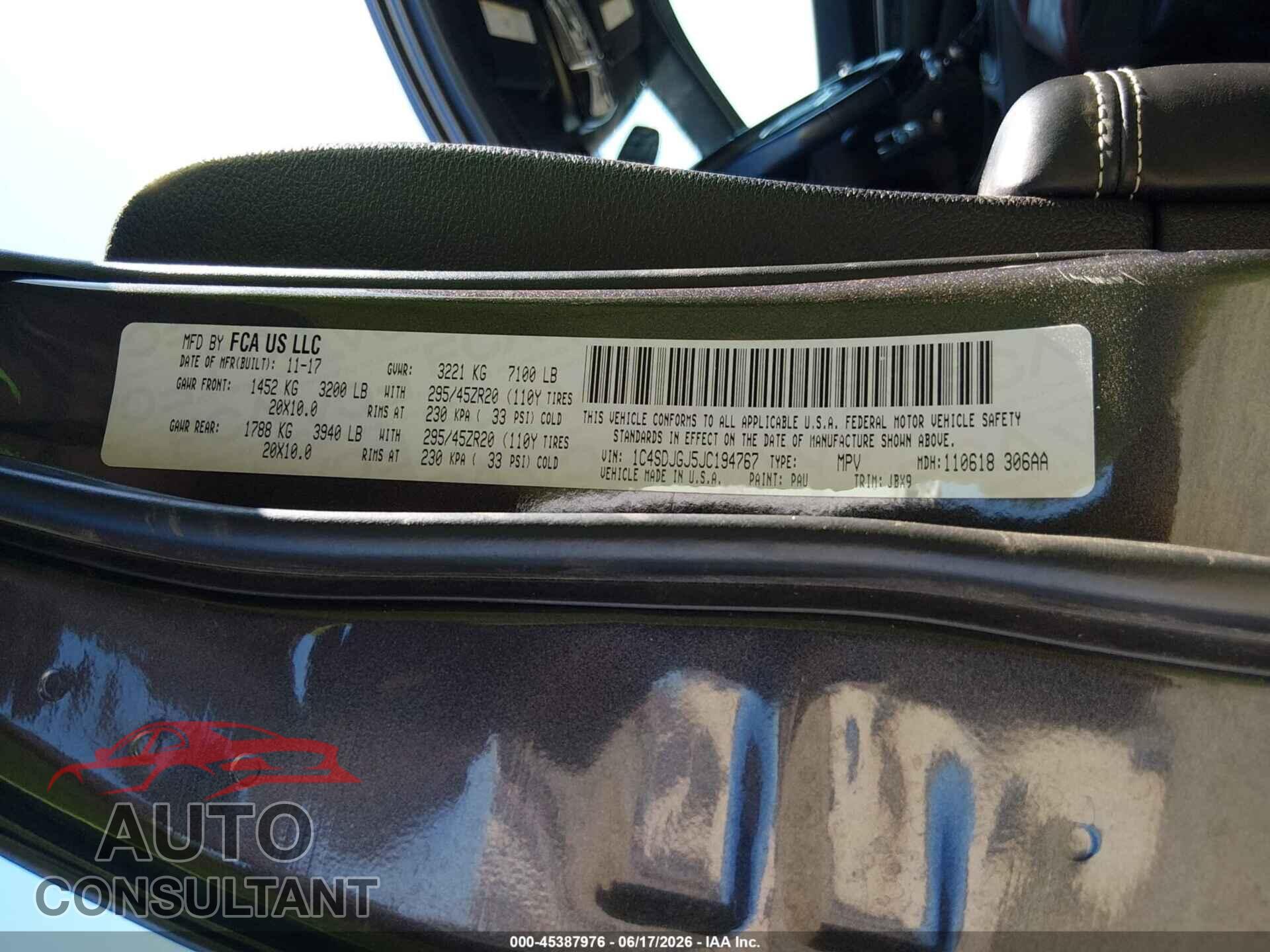 DODGE DURANGO 2018 - 1C4SDJGJ5JC194767