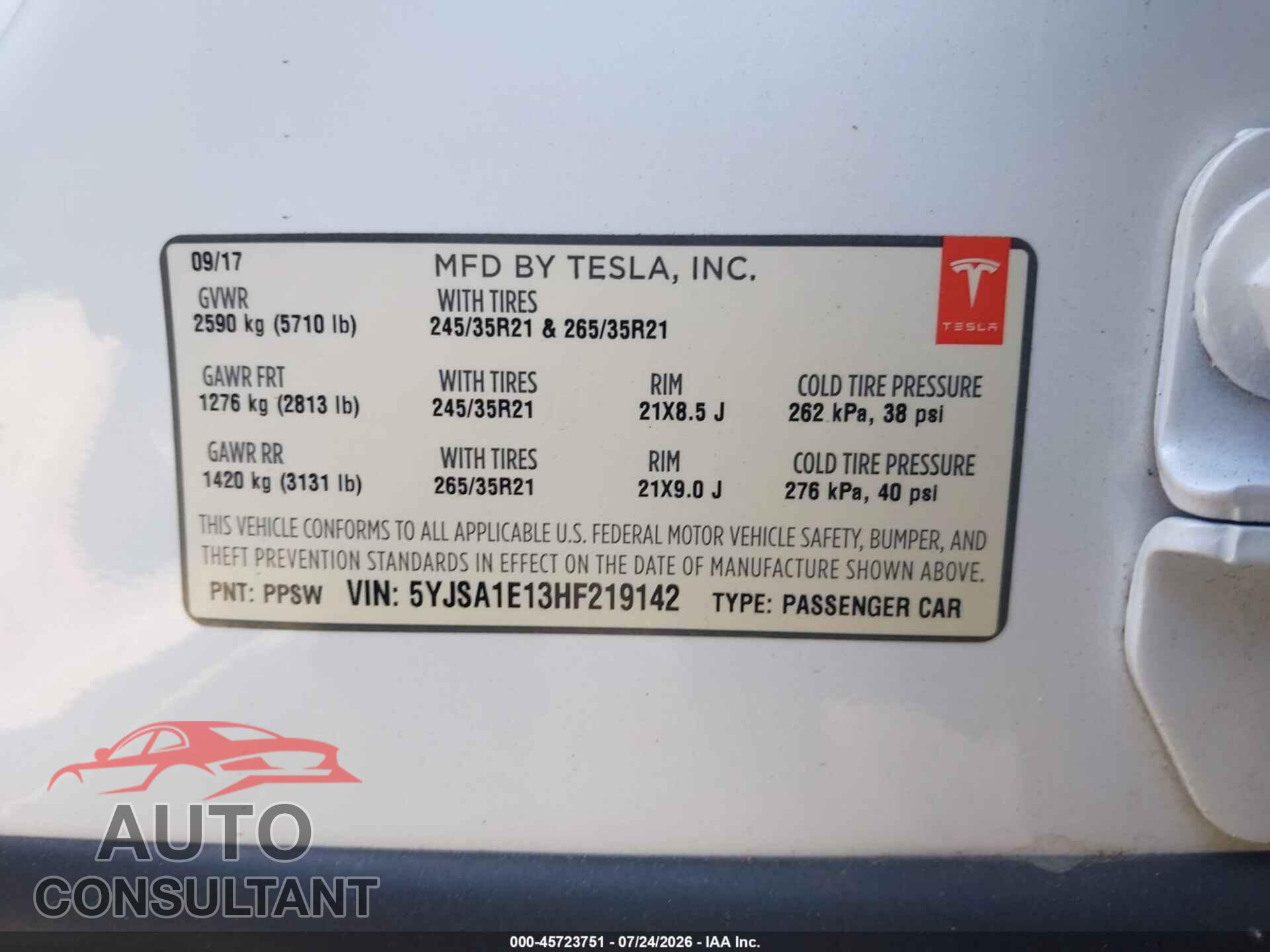 TESLA MODEL S 2017 - 5YJSA1E13HF219142