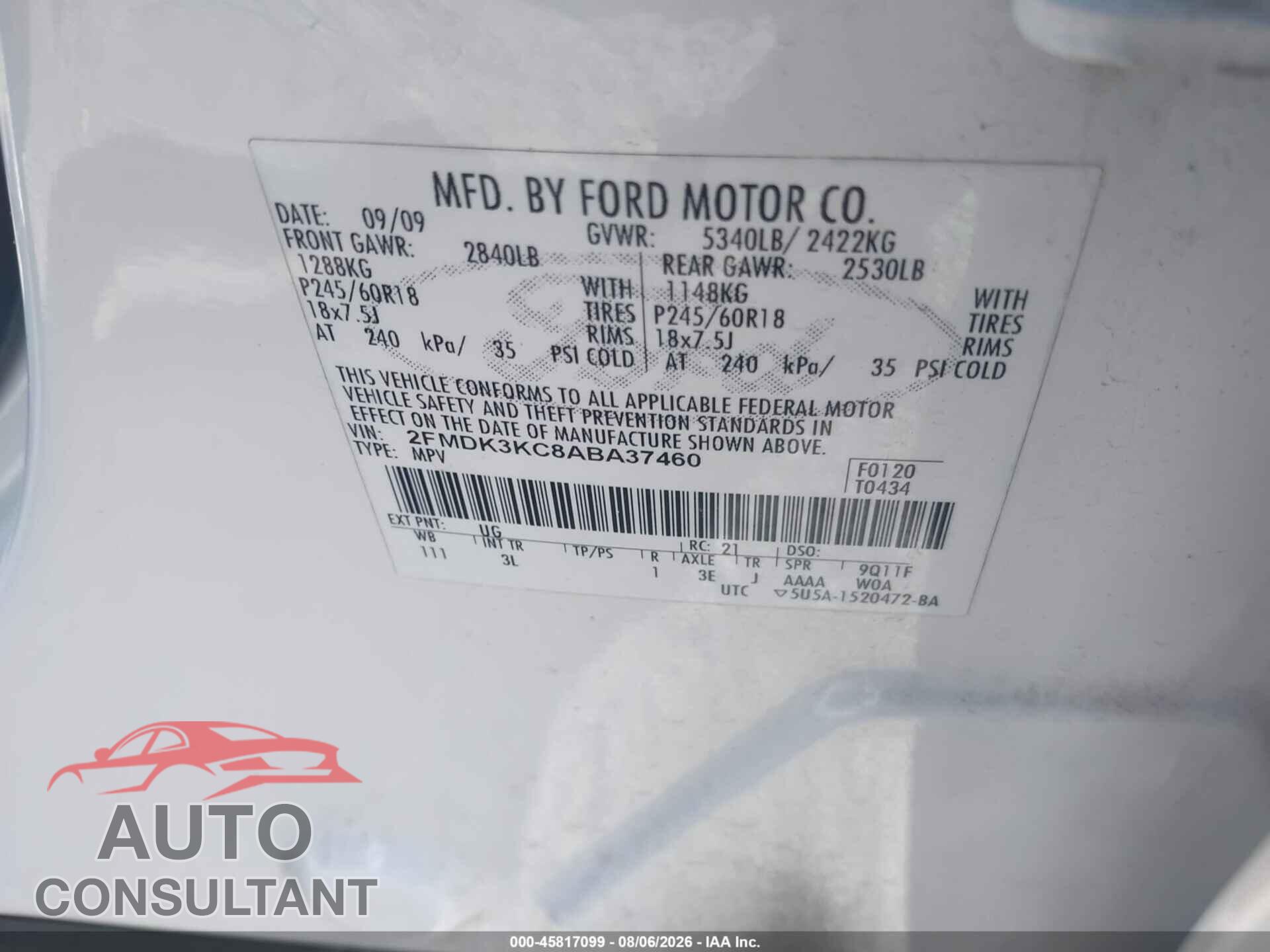 FORD EDGE 2010 - 2FMDK3KC8ABA37460