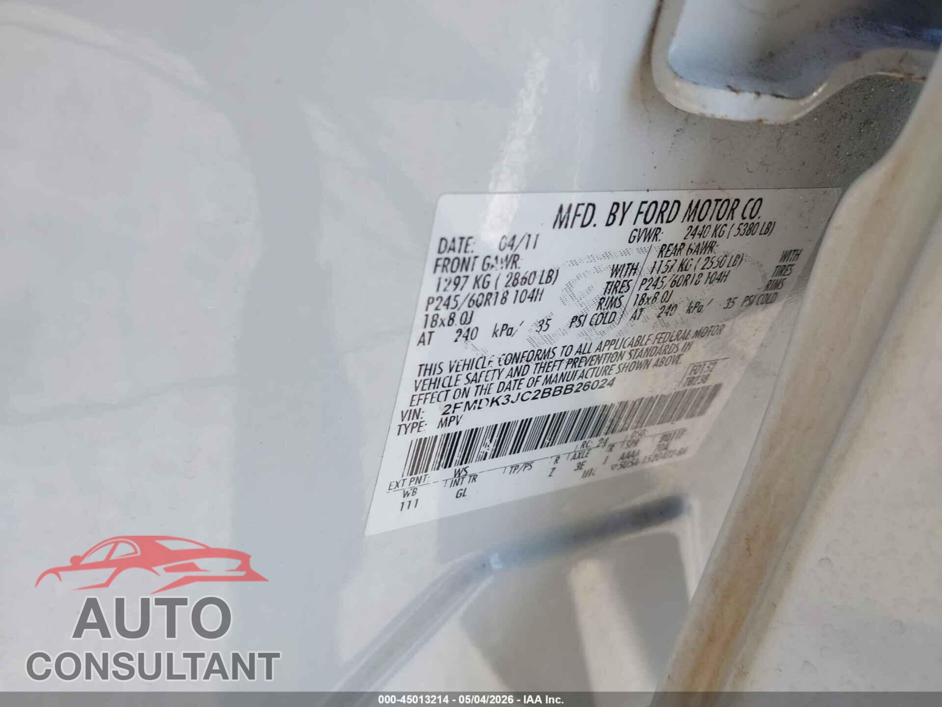 FORD EDGE 2011 - 2FMDK3JC2BBB26024