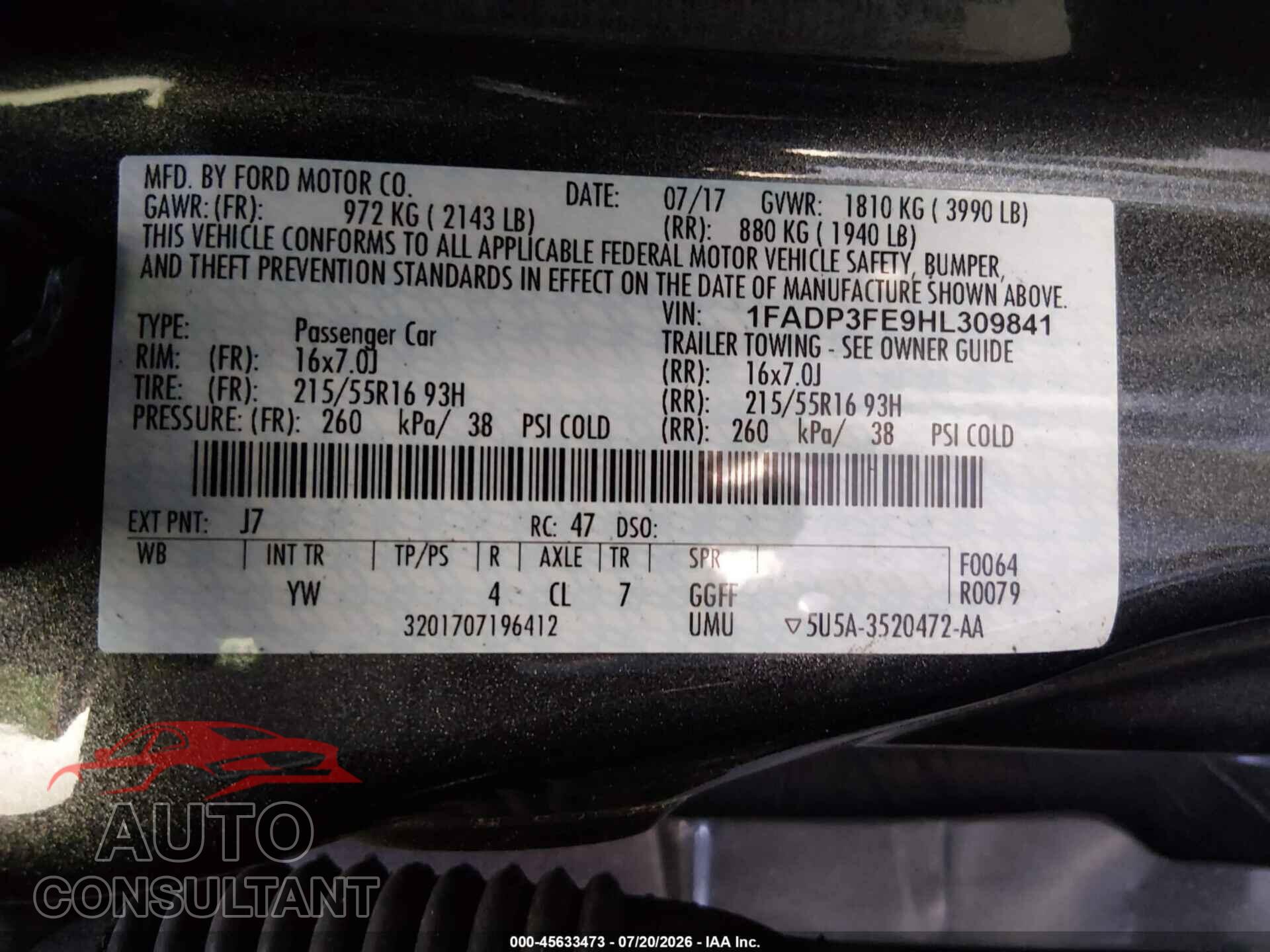 FORD FOCUS 2017 - 1FADP3FE9HL309841