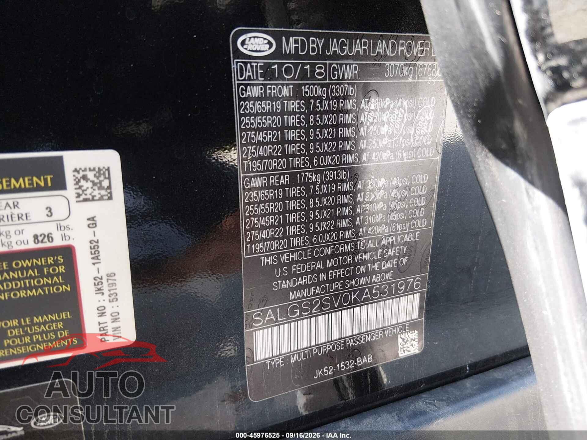 LAND ROVER RANGE ROVER 2019 - SALGS2SV0KA531976