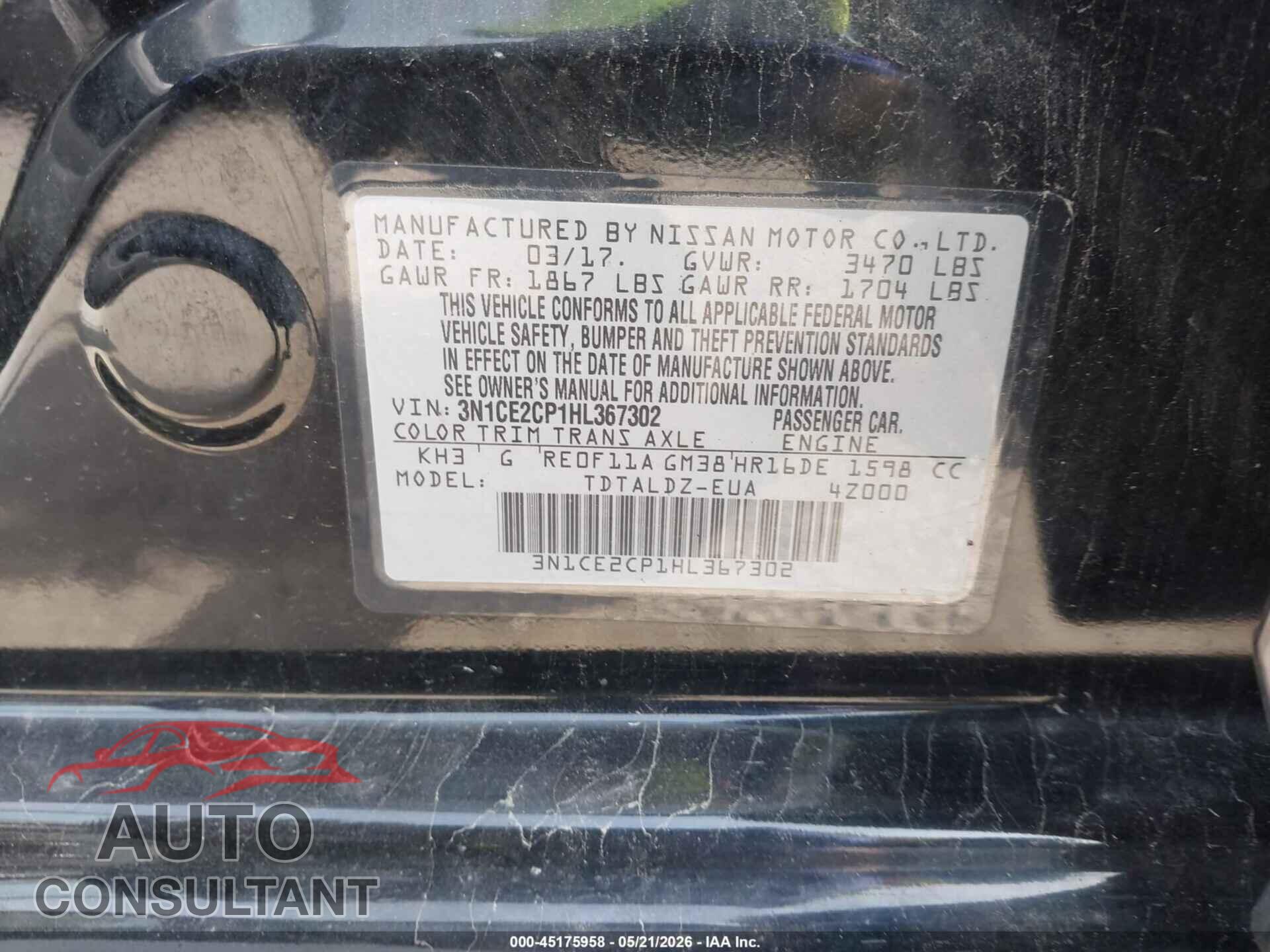 NISSAN VERSA NOTE 2017 - 3N1CE2CP1HL367302