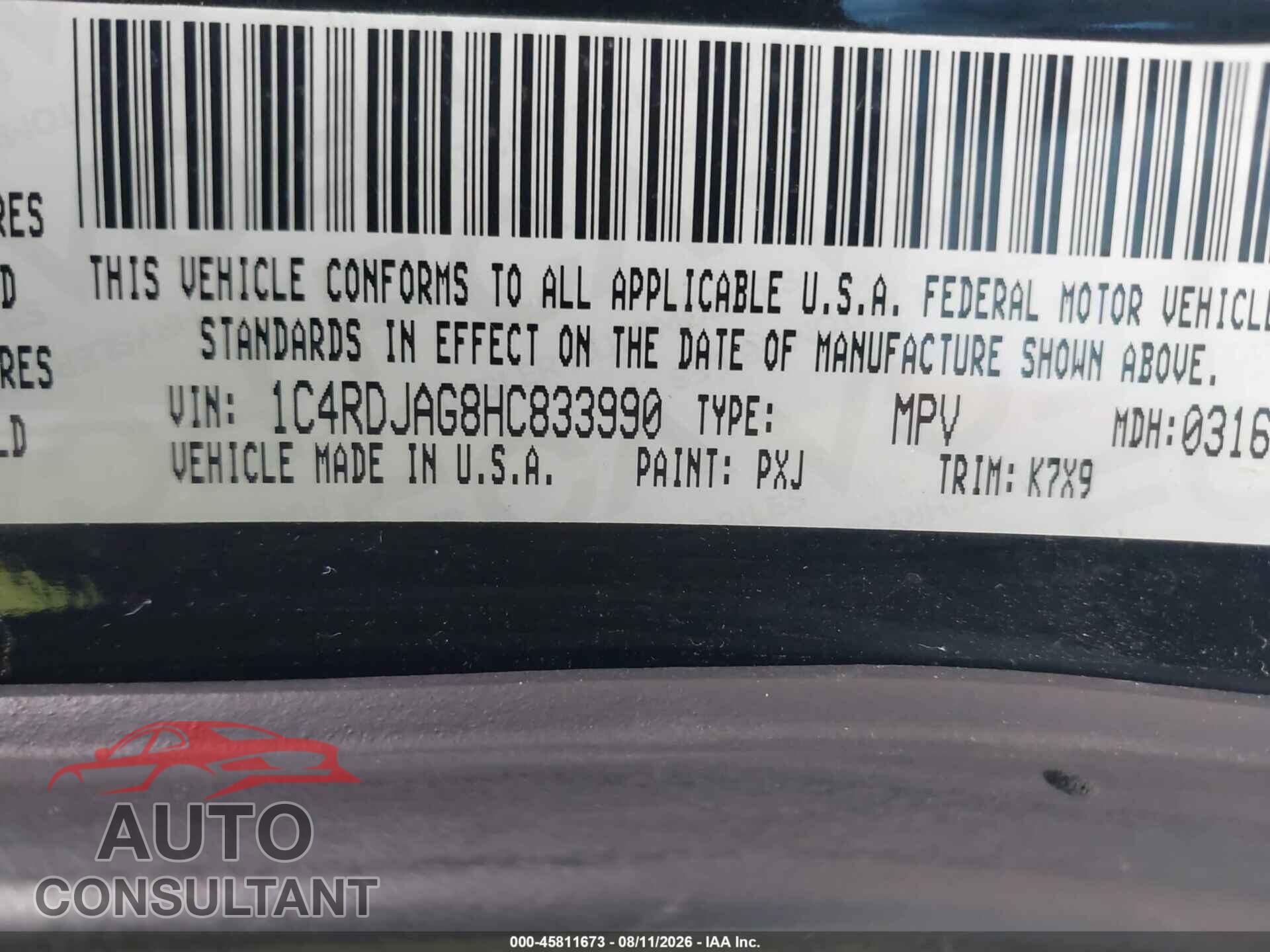 DODGE DURANGO 2017 - 1C4RDJAG8HC833990