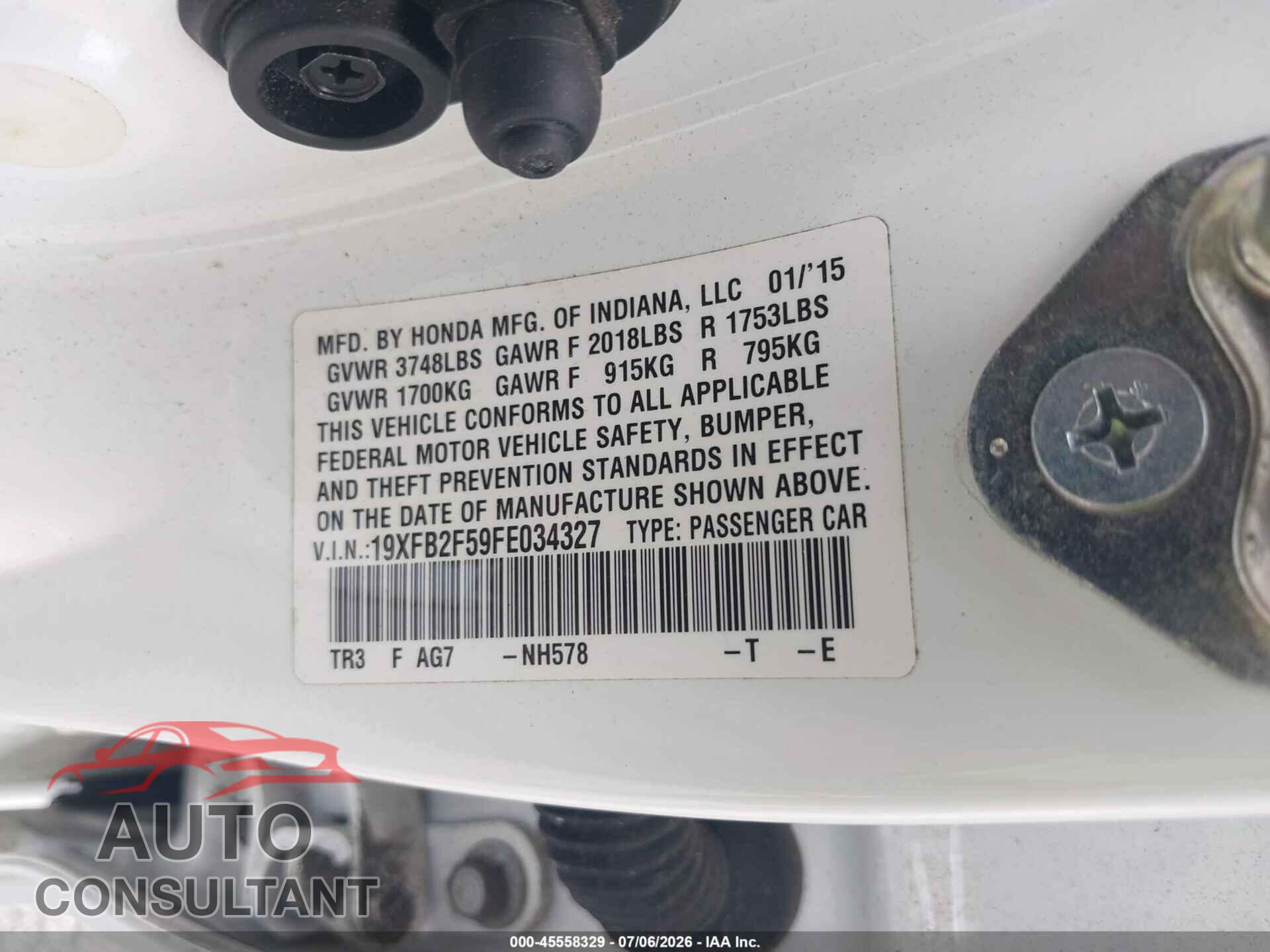 HONDA CIVIC 2015 - 19XFB2F59FE034327