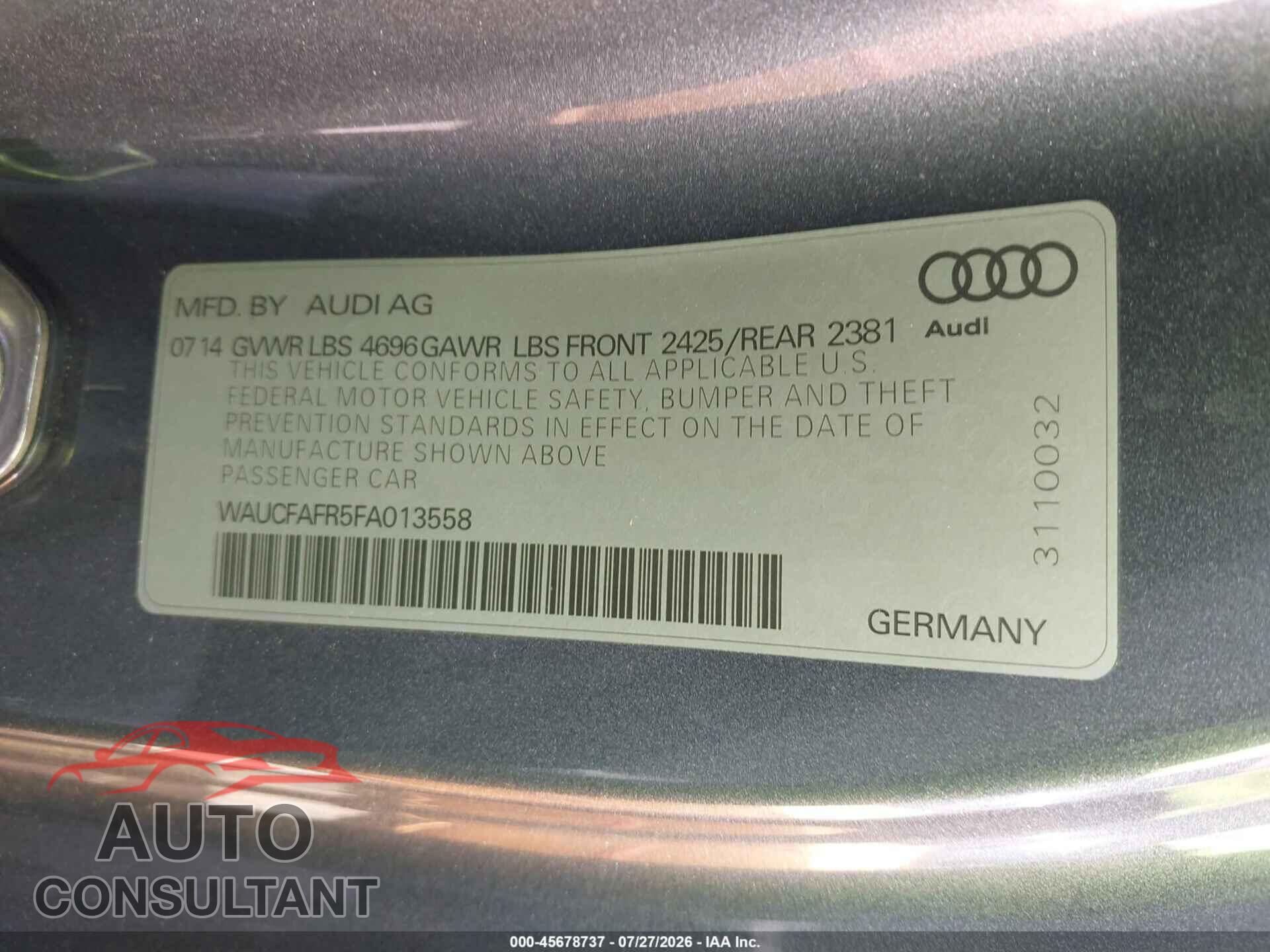 AUDI A5 2015 - WAUCFAFR5FA013558