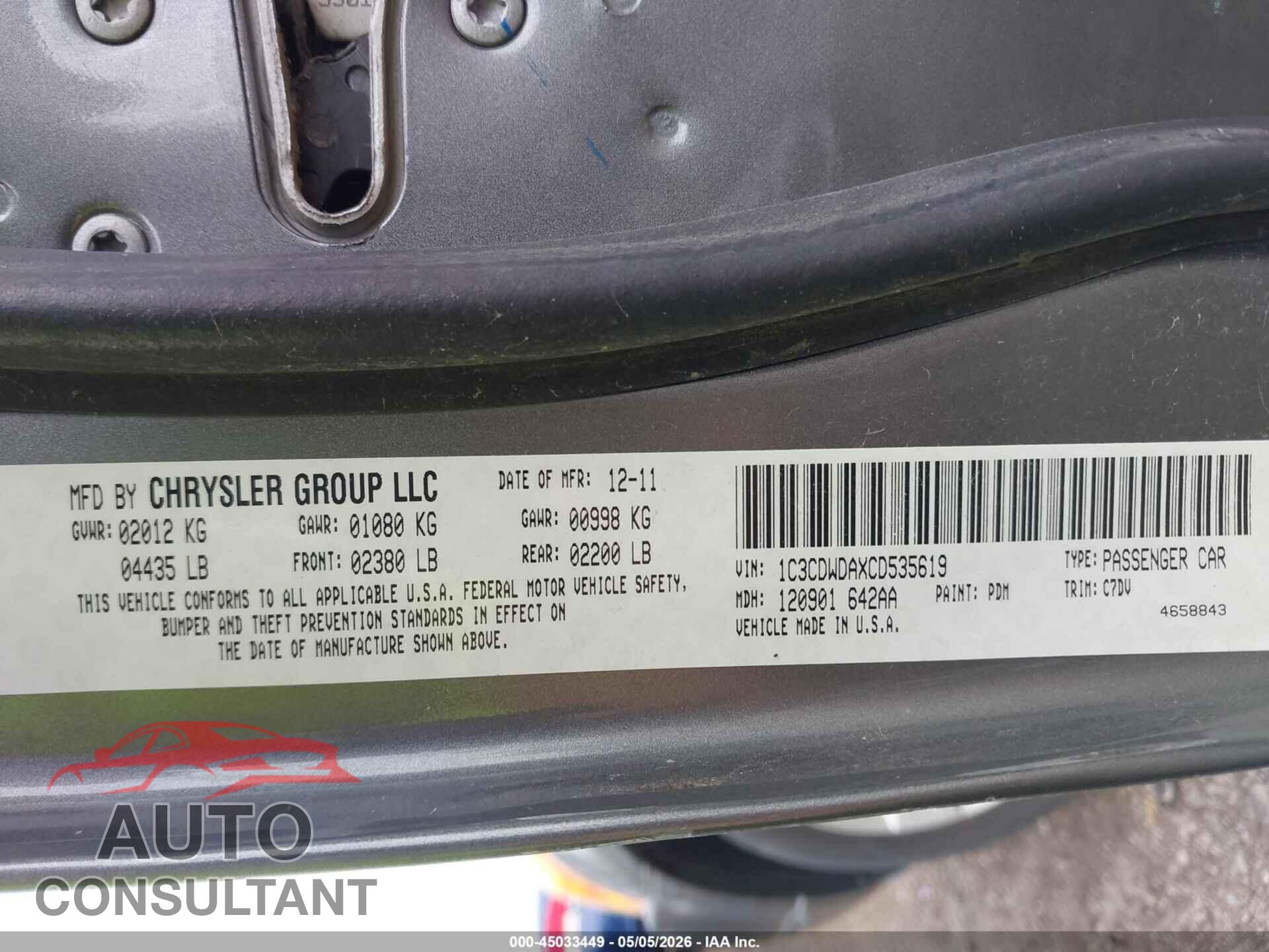 DODGE CALIBER 2012 - 1C3CDWDAXCD535619