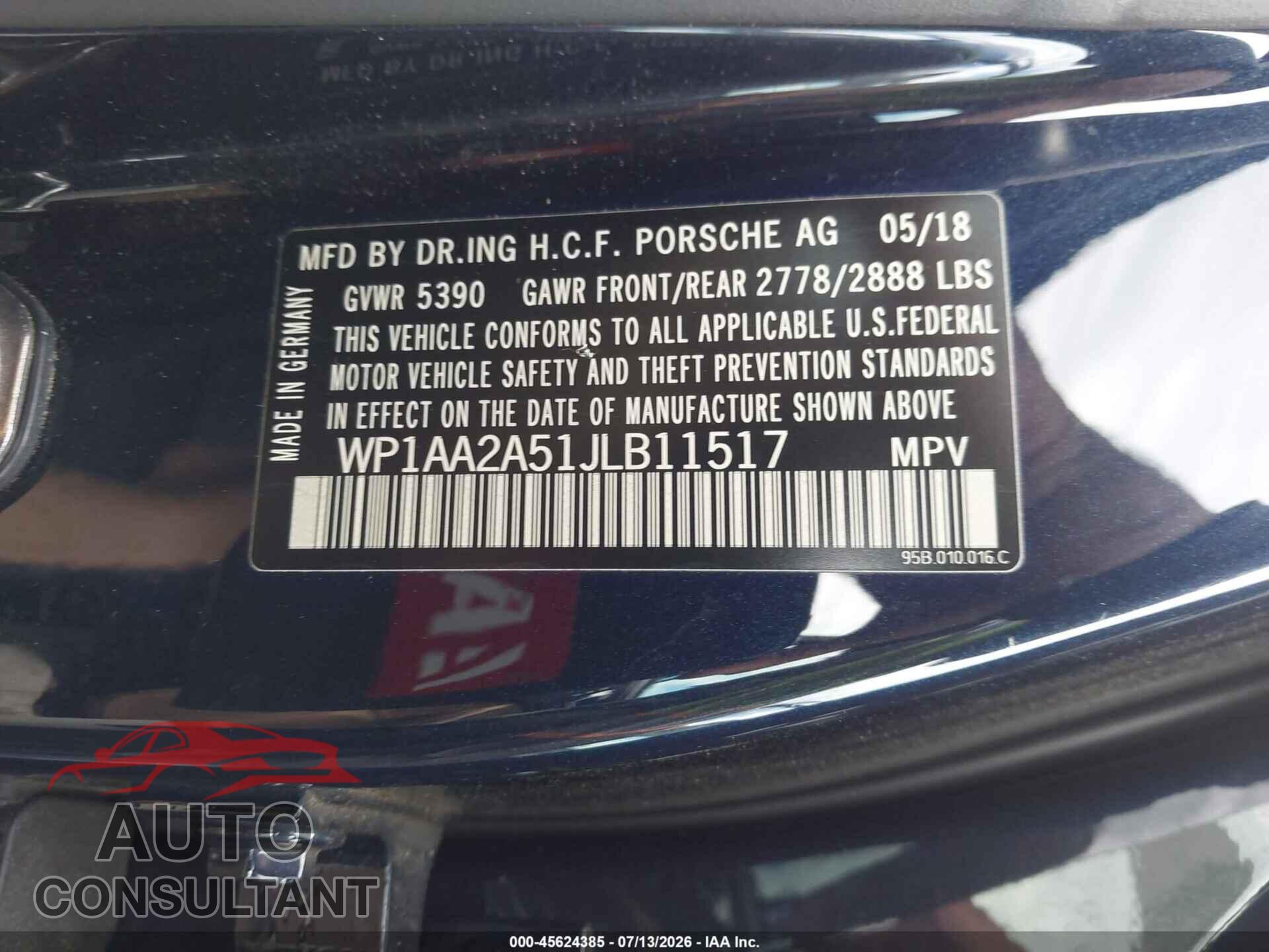 PORSCHE MACAN 2018 - WP1AA2A51JLB11517