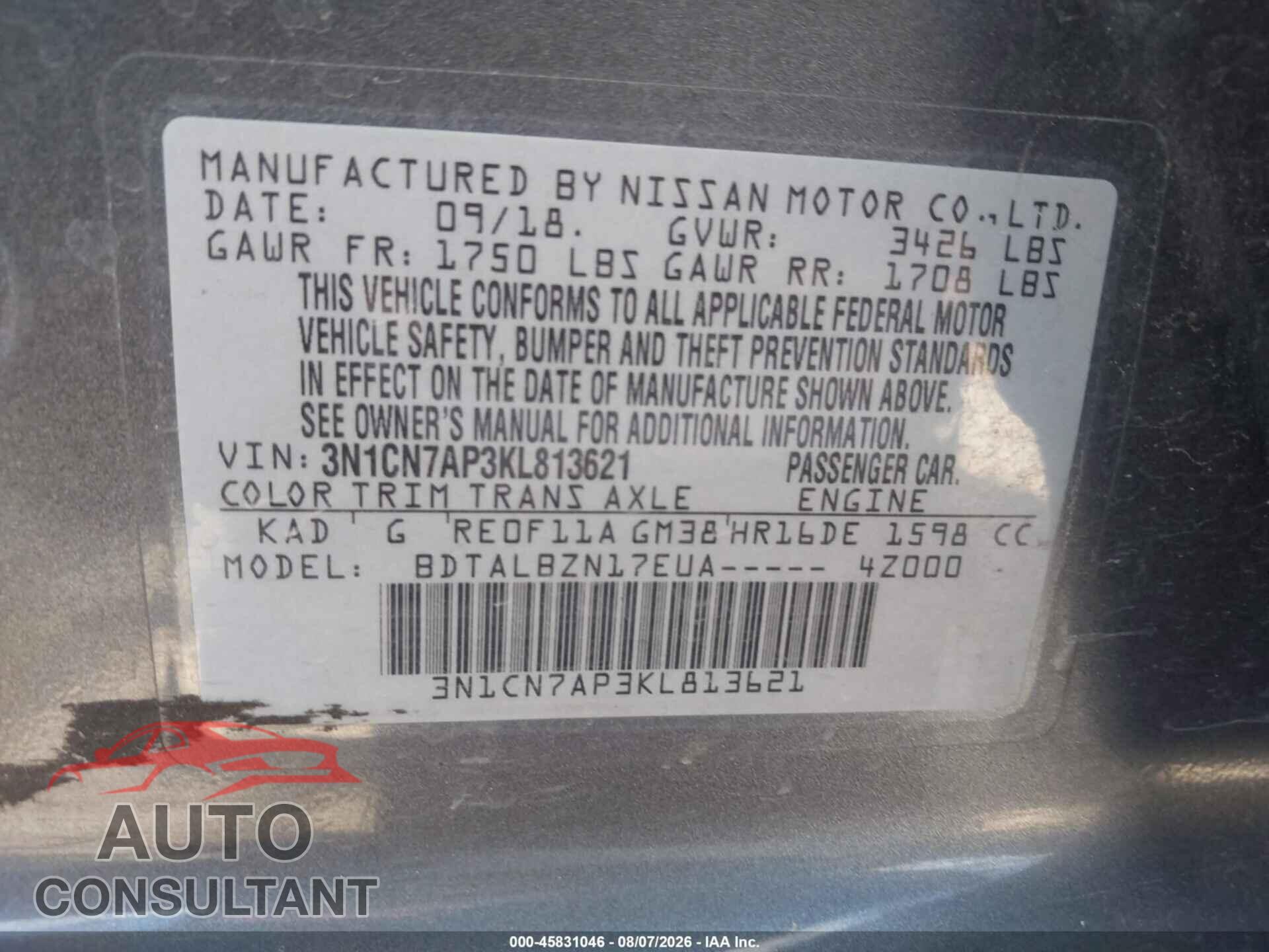 NISSAN VERSA 2019 - 3N1CN7AP3KL813621