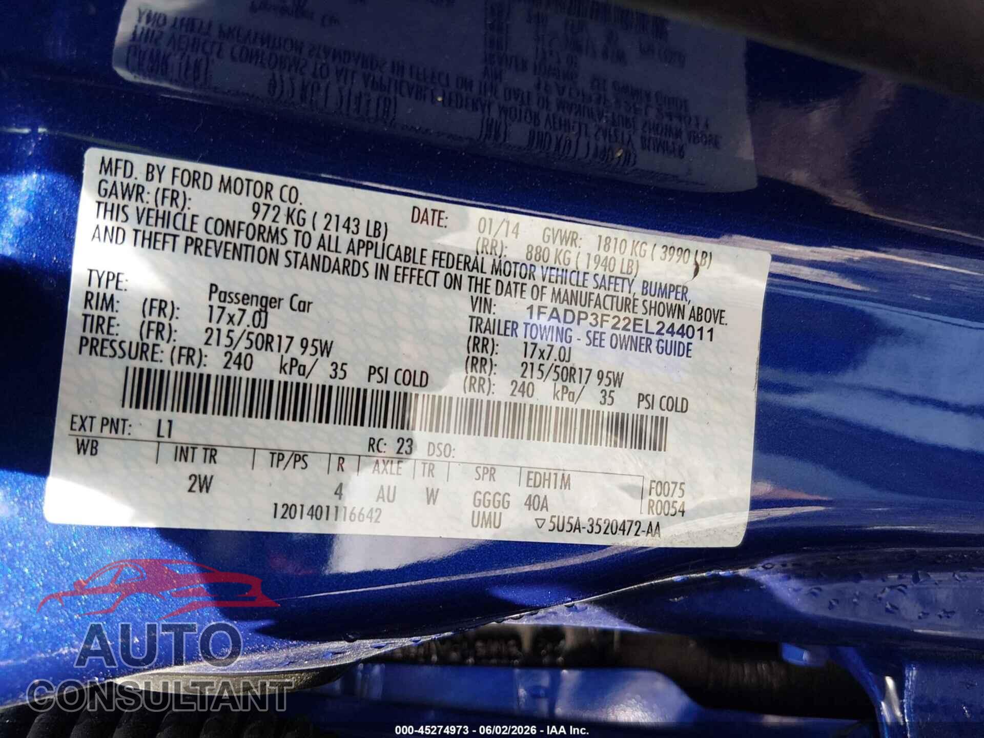 FORD FOCUS 2014 - 1FADP3F22EL244011
