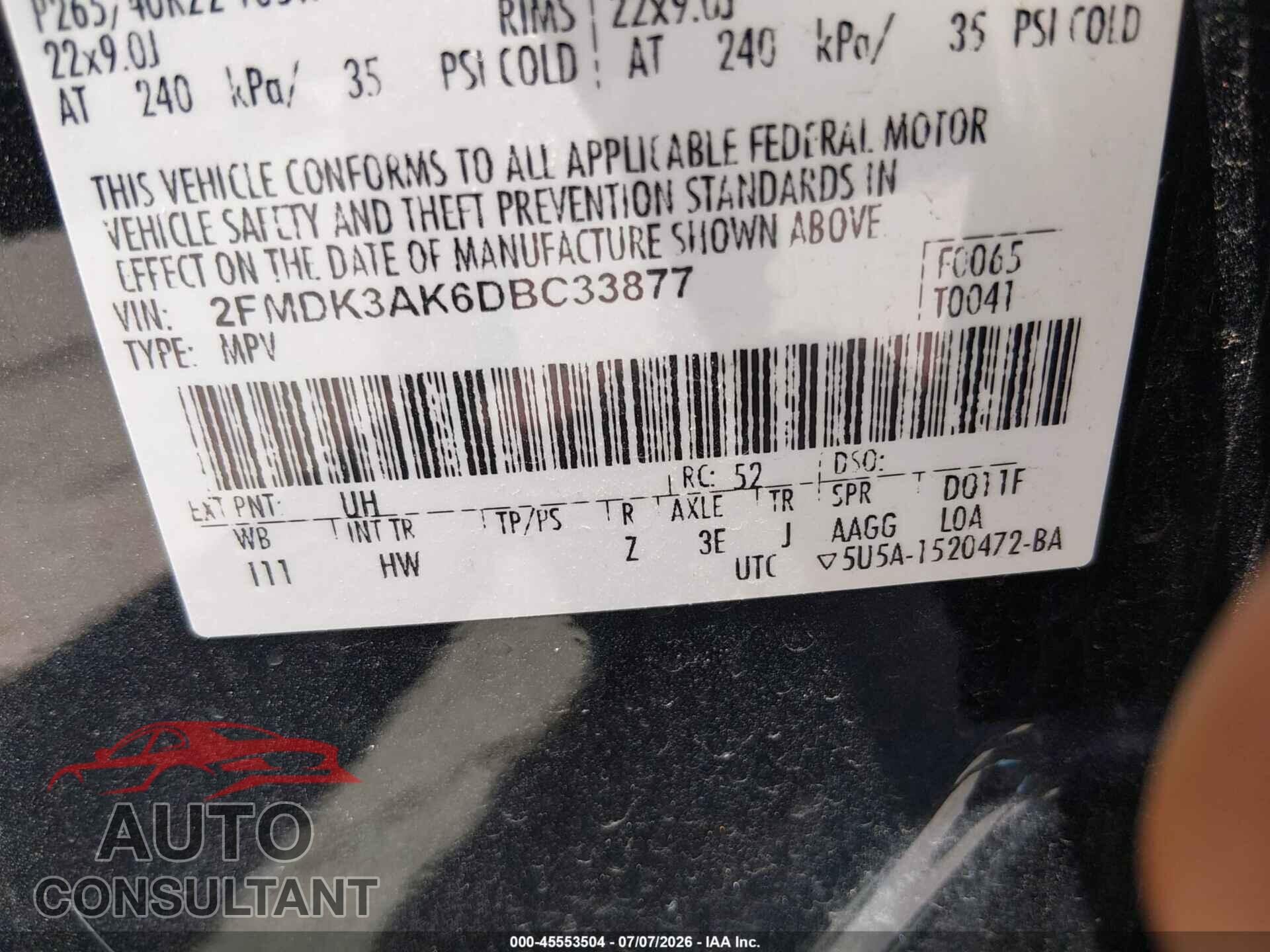 FORD EDGE 2013 - 2FMDK3AK6DBC33877