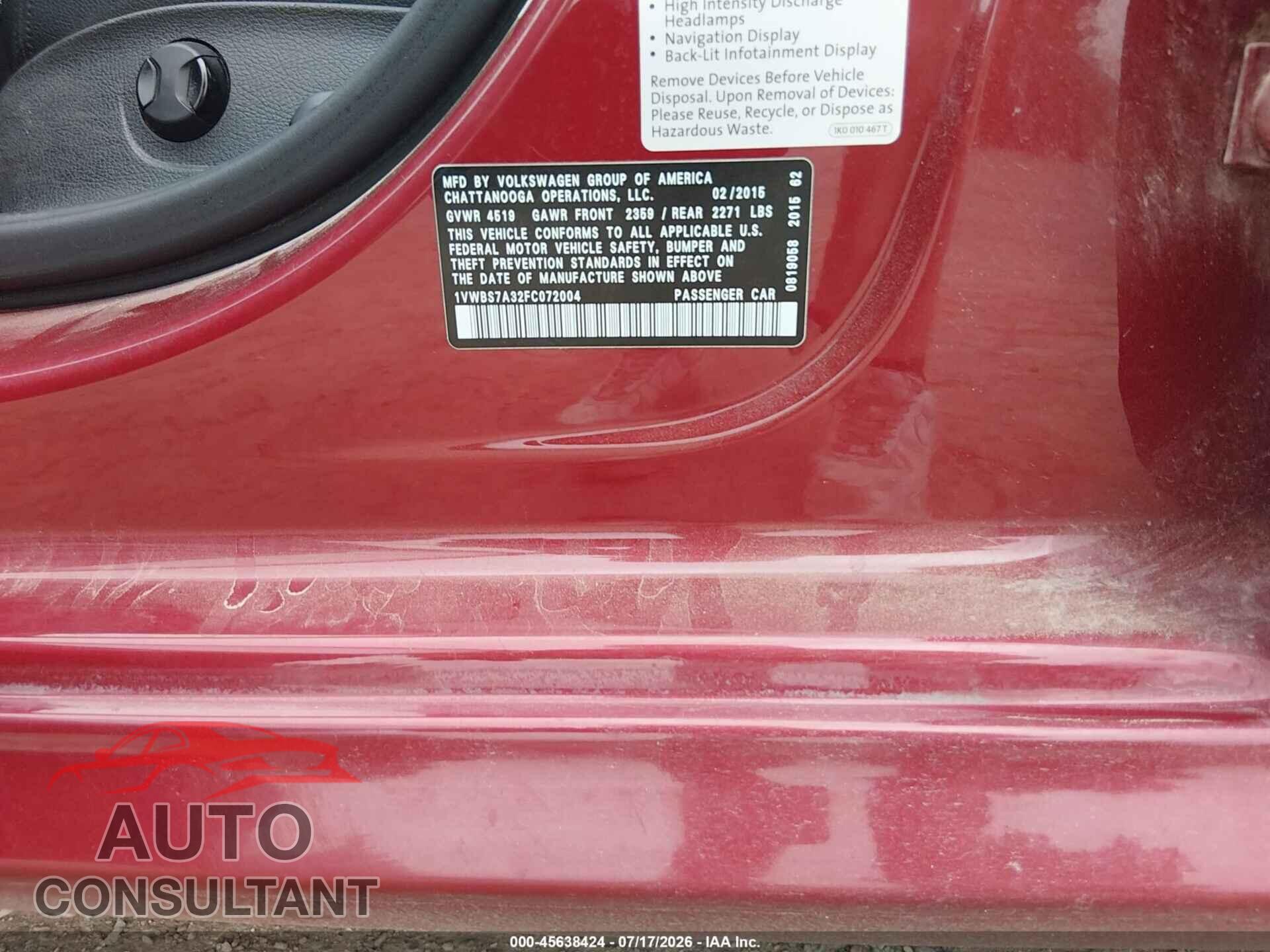 VOLKSWAGEN PASSAT 2015 - 1VWBS7A32FC072004