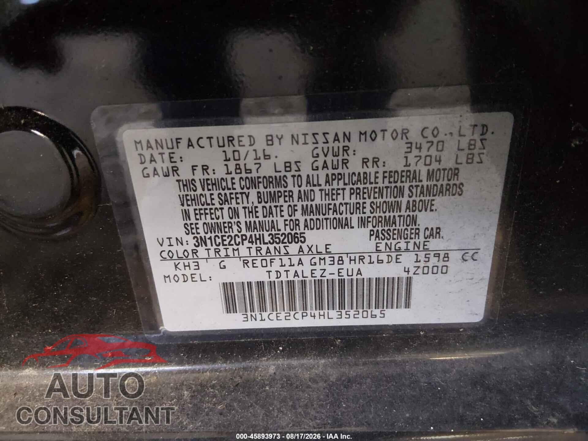 NISSAN VERSA NOTE 2017 - 3N1CE2CP4HL352065