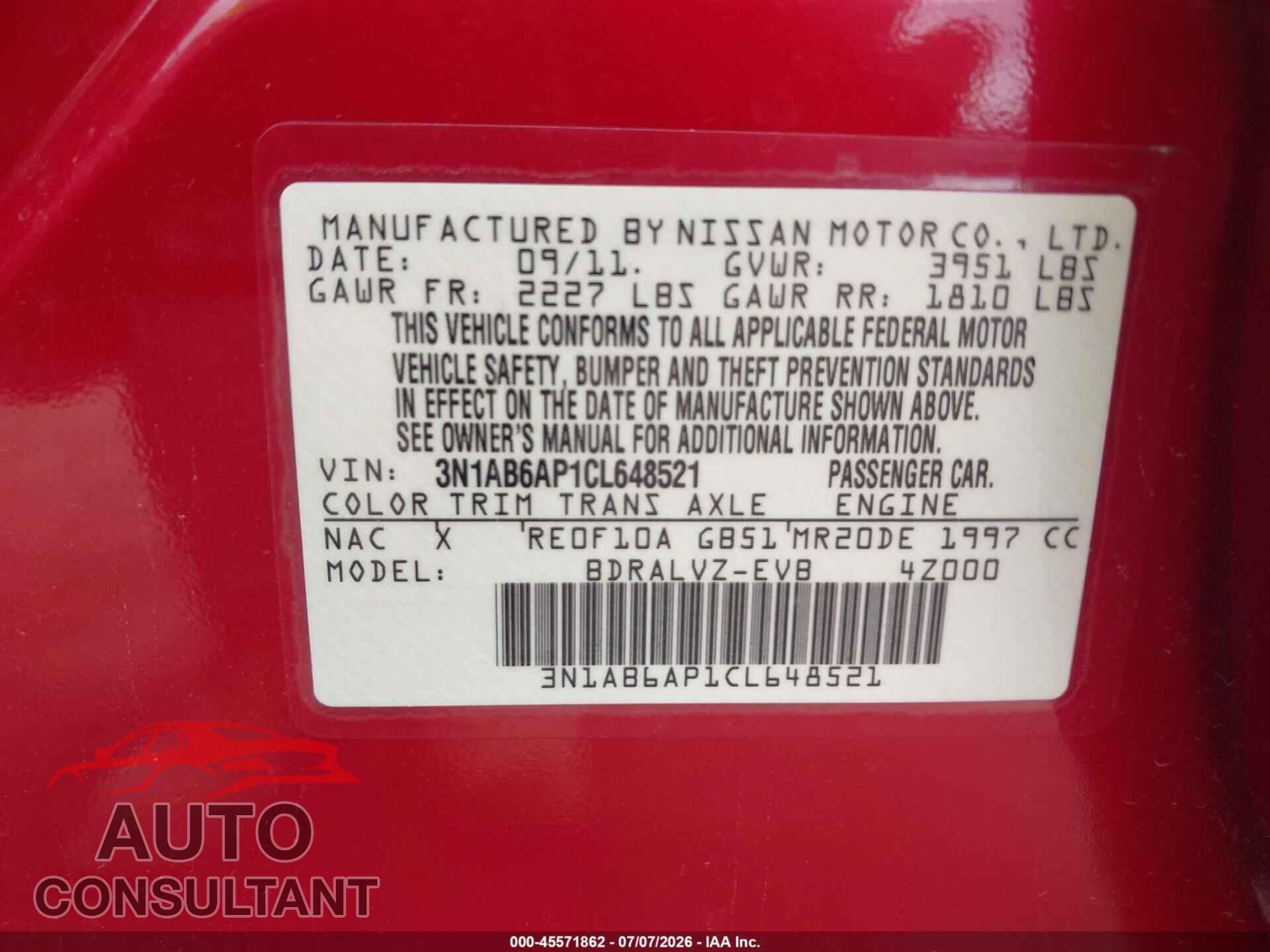NISSAN SENTRA 2012 - 3N1AB6AP1CL648521