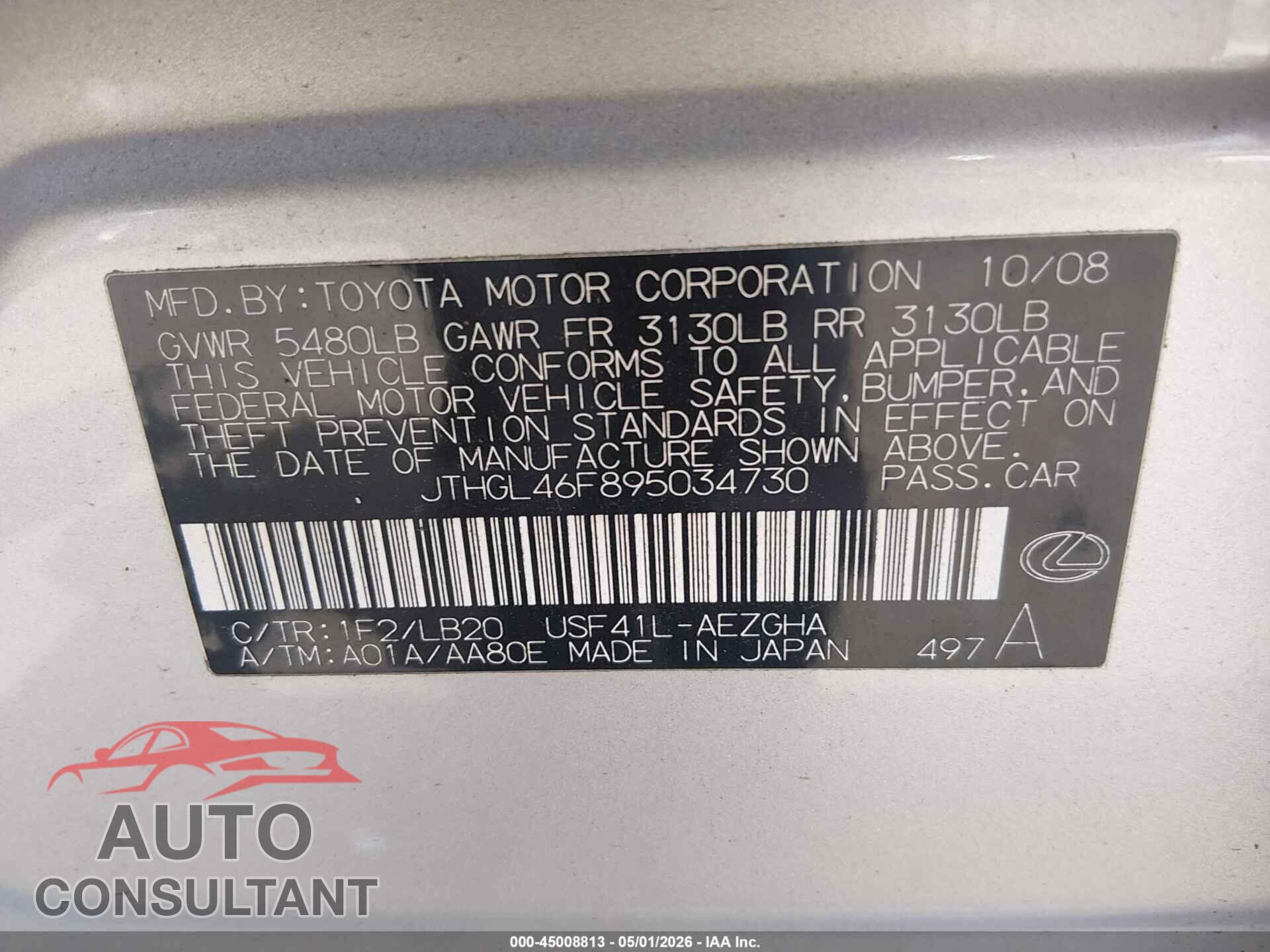 LEXUS LS 460 2009 - JTHGL46F895034730