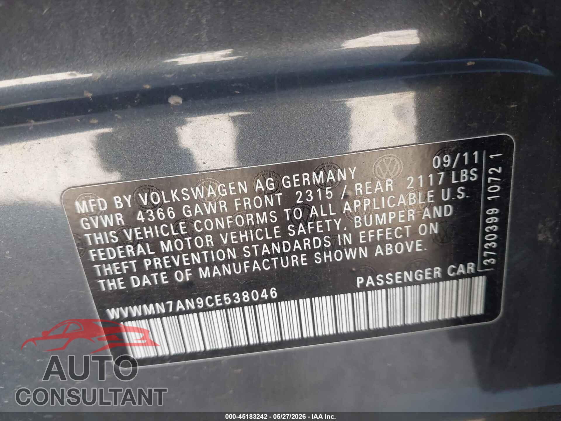 VOLKSWAGEN CC 2012 - WVWMN7AN9CE538046