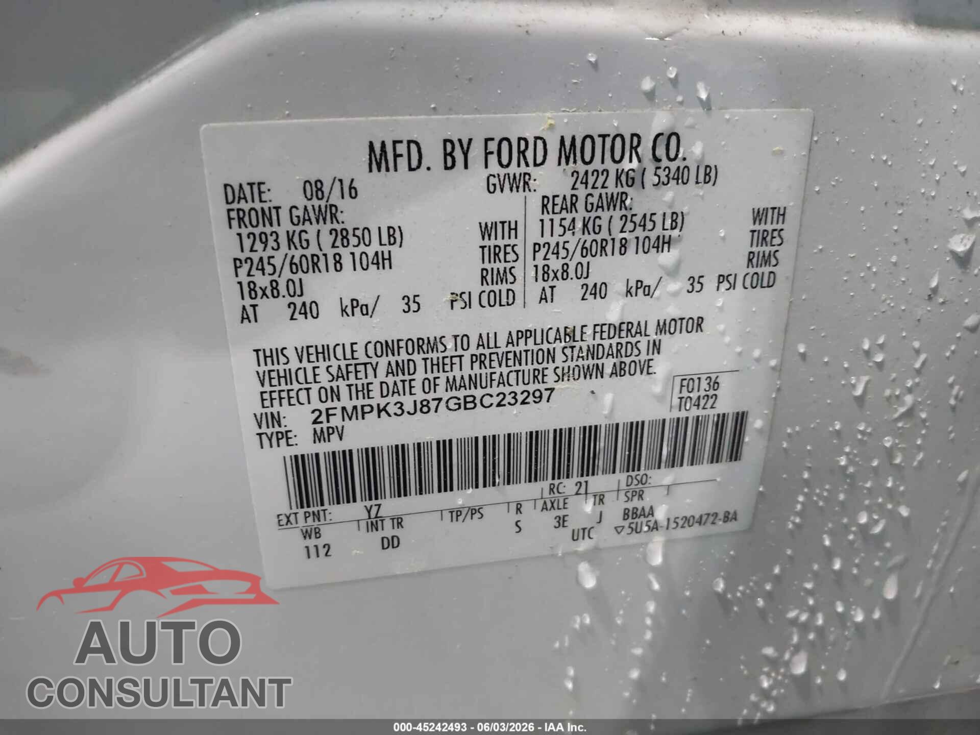 FORD EDGE 2016 - 2FMPK3J87GBC23297