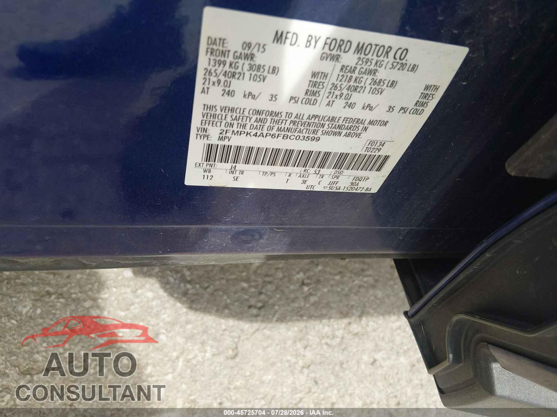 FORD EDGE 2015 - 2FMPK4AP6FBC03599