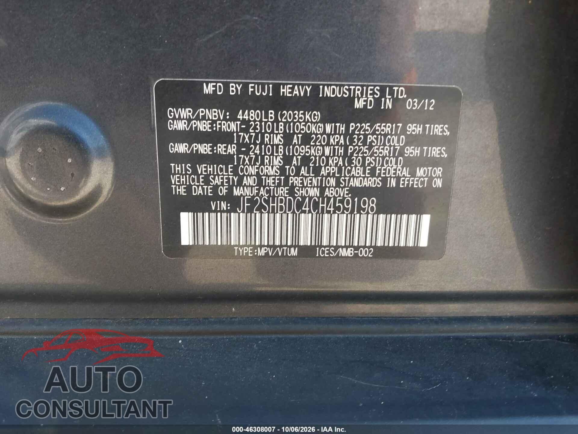 SUBARU FORESTER 2012 - JF2SHBDC4CH459198