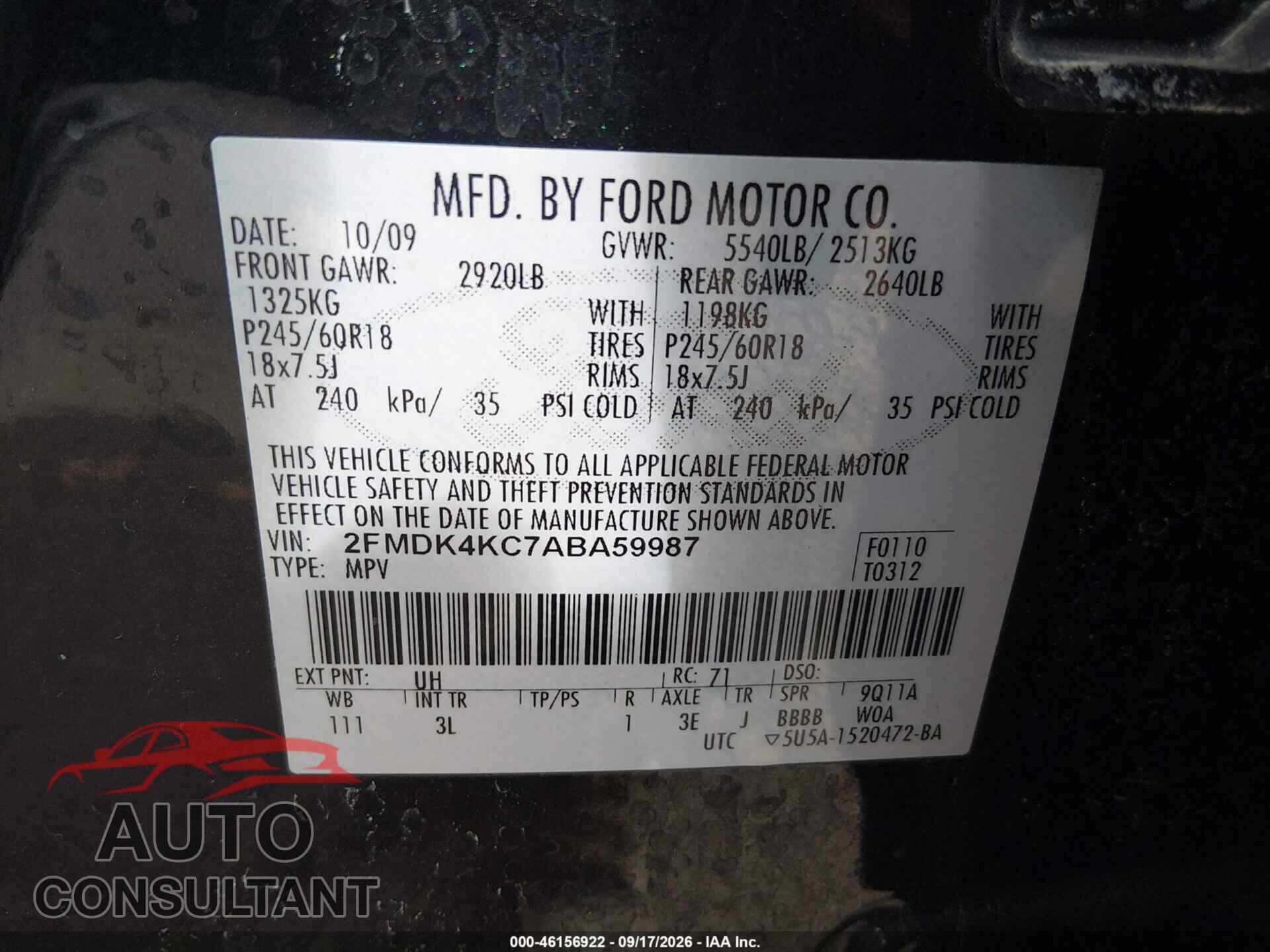 FORD EDGE 2010 - 2FMDK4KC7ABA59987