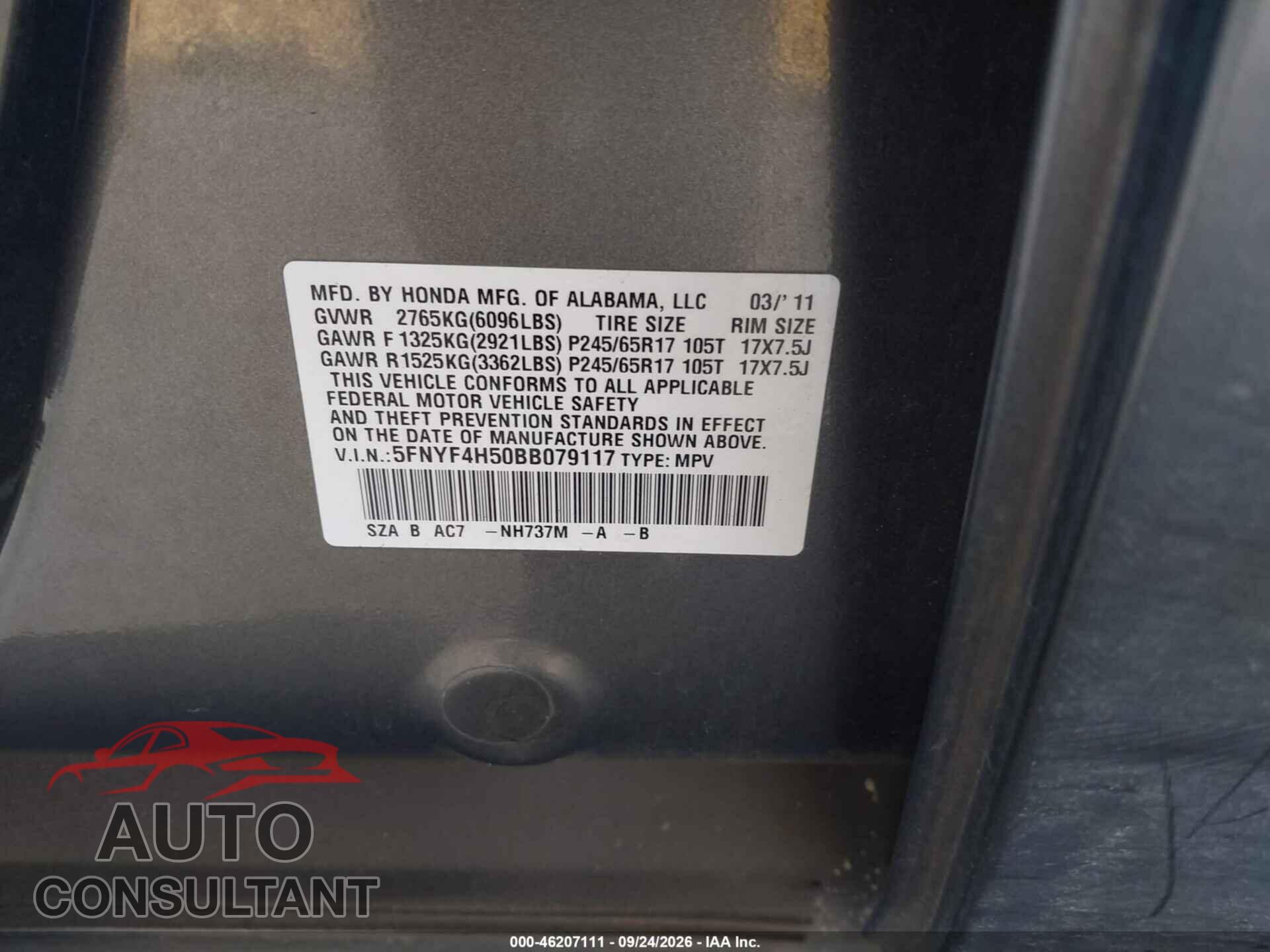 HONDA PILOT 2011 - 5FNYF4H50BB079117