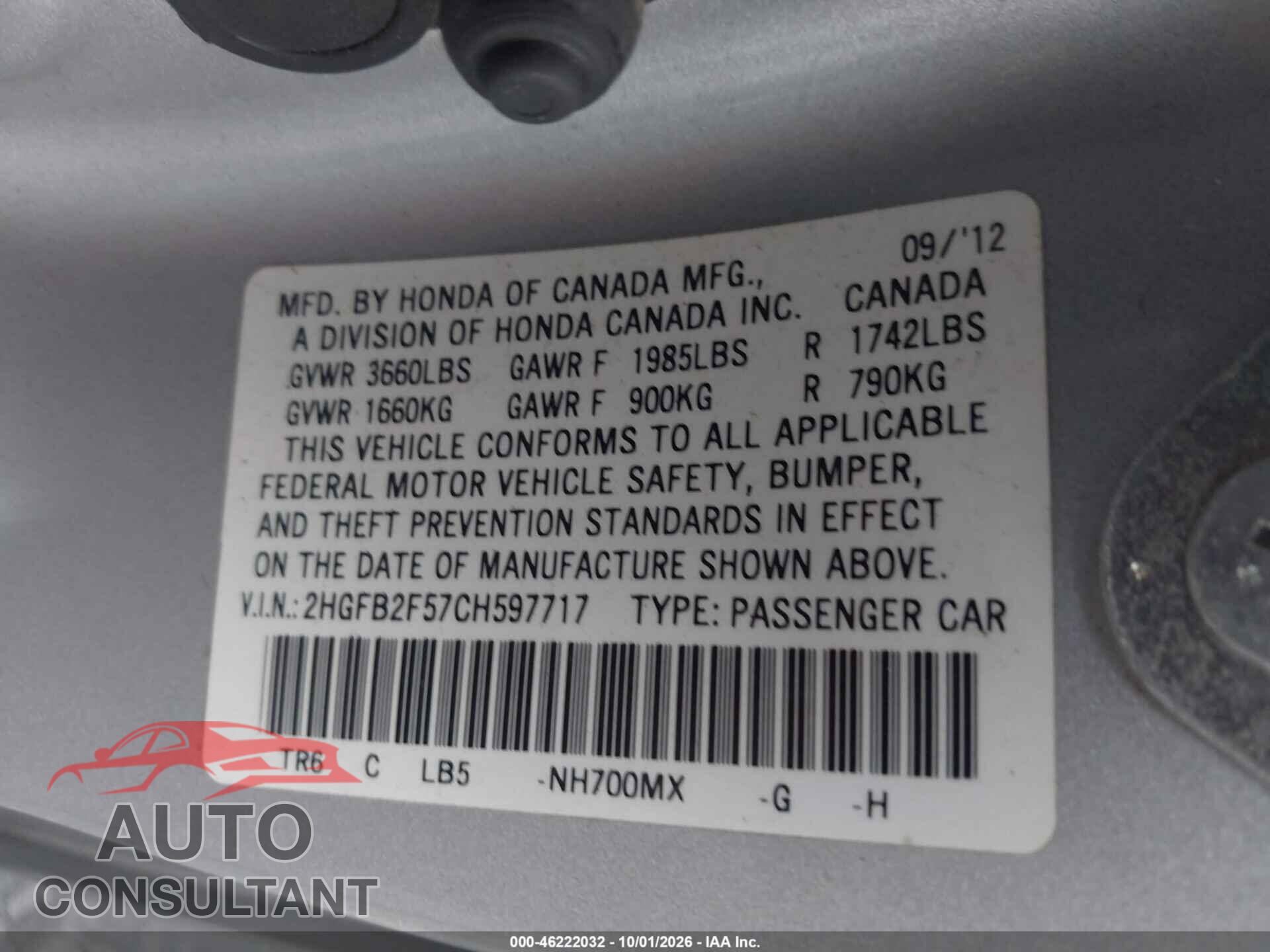 HONDA CIVIC 2012 - 2HGFB2F57CH597717