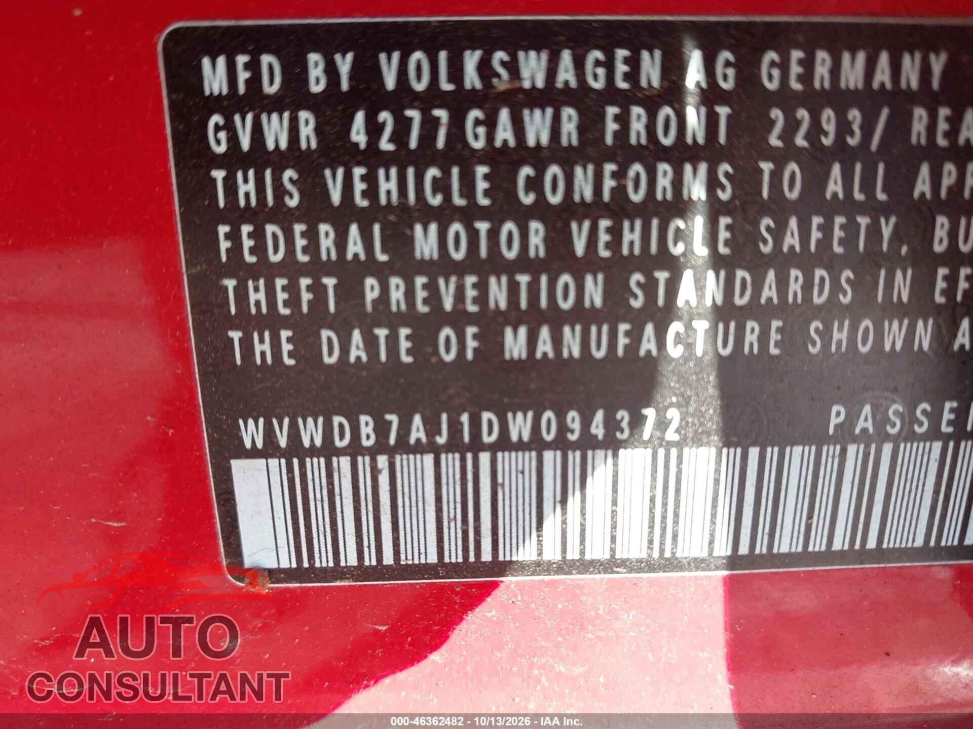 VOLKSWAGEN GOLF 2013 - WVWDB7AJ1DW094372