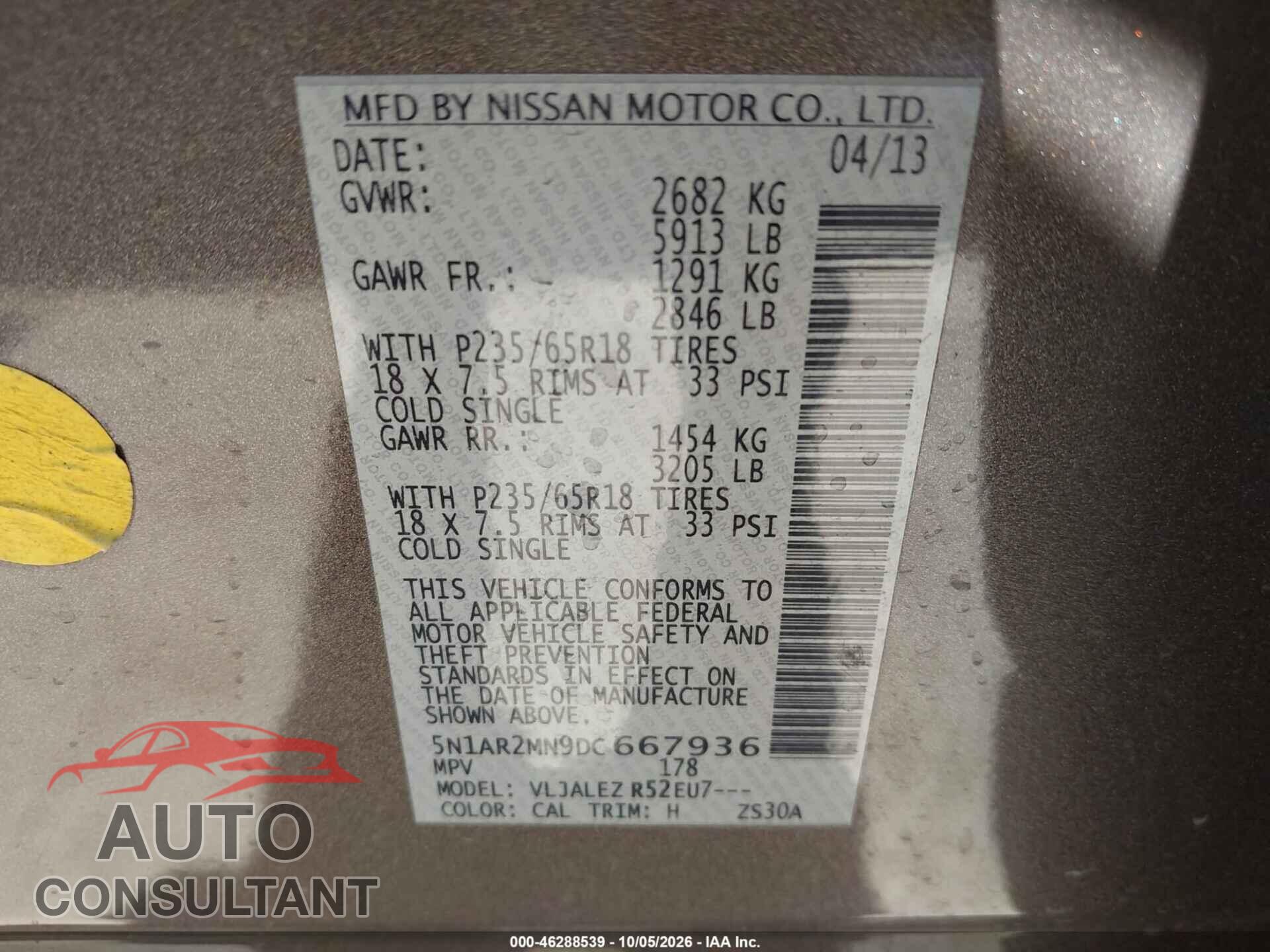 NISSAN PATHFINDER 2013 - 5N1AR2MN9DC667936