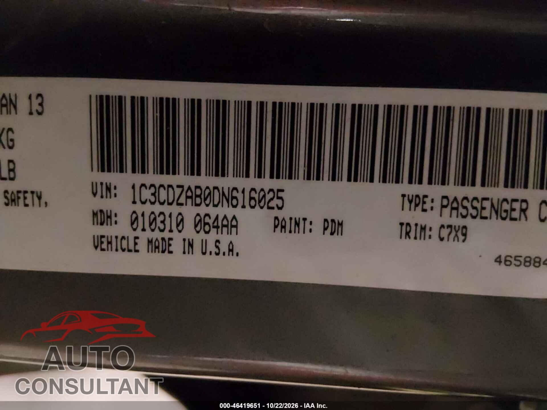 DODGE AVENGER 2013 - 1C3CDZAB0DN616025